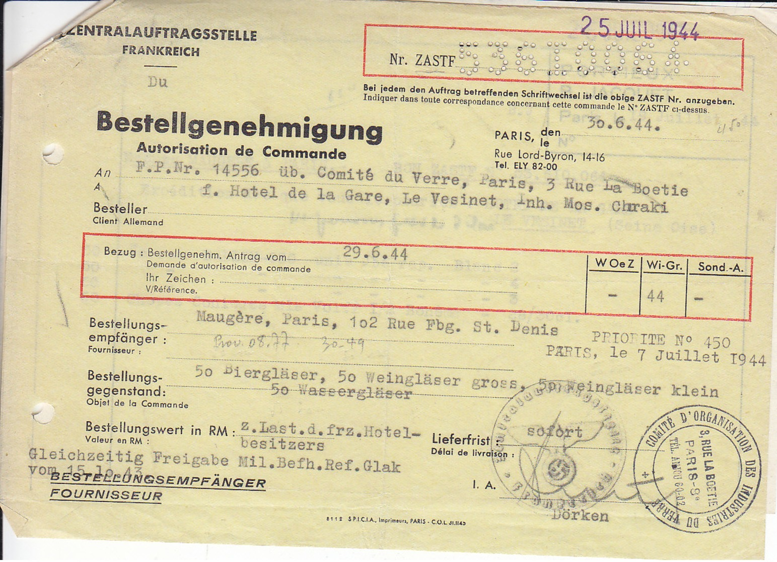 Verrerie De Portieux , Vosges ,autorisation Allemande D'une Commande ,1944 , 2 Scans - Documents