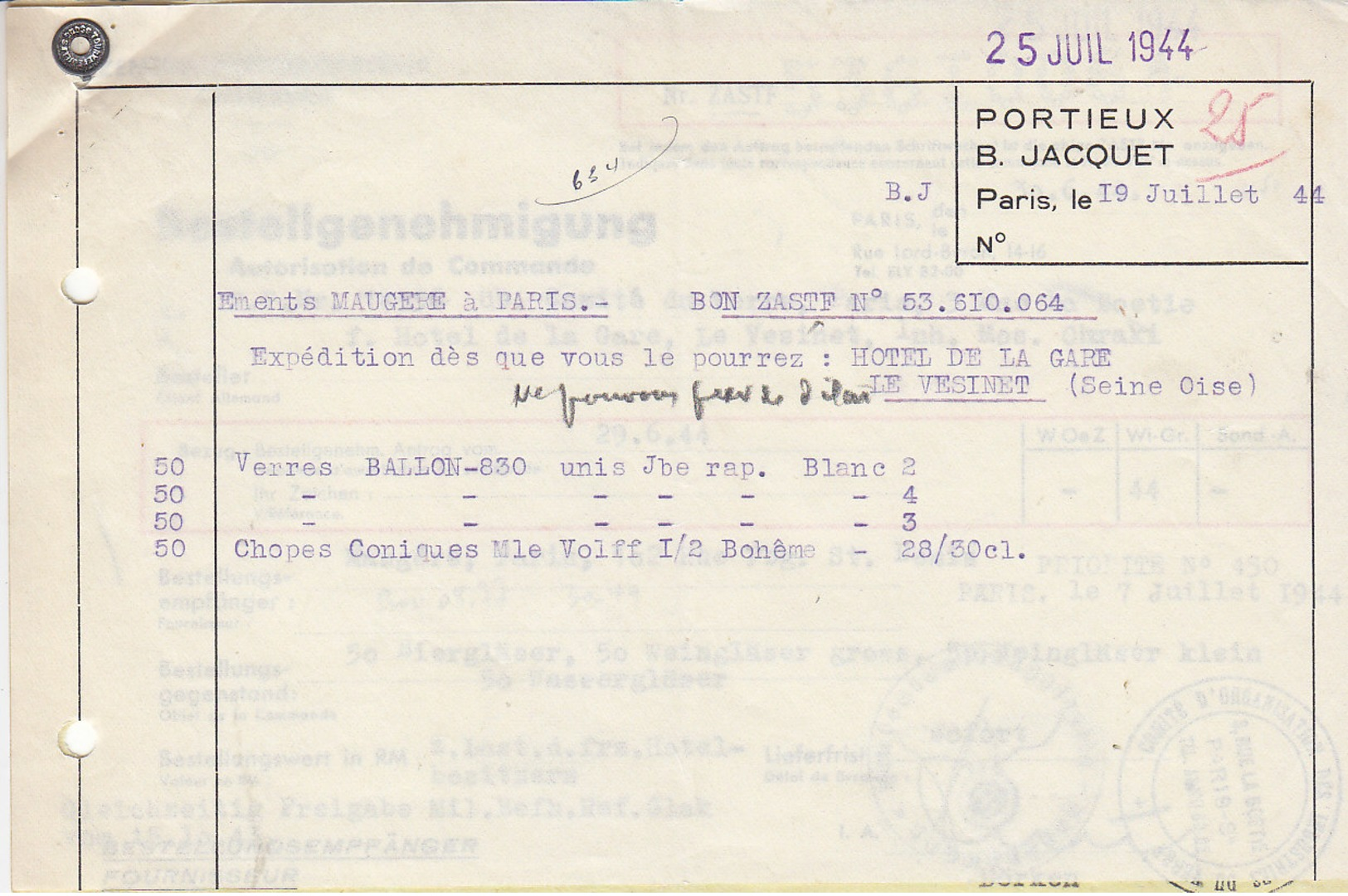 Verrerie De Portieux , Vosges ,autorisation Allemande D'une Commande ,1944 , 2 Scans - Documents