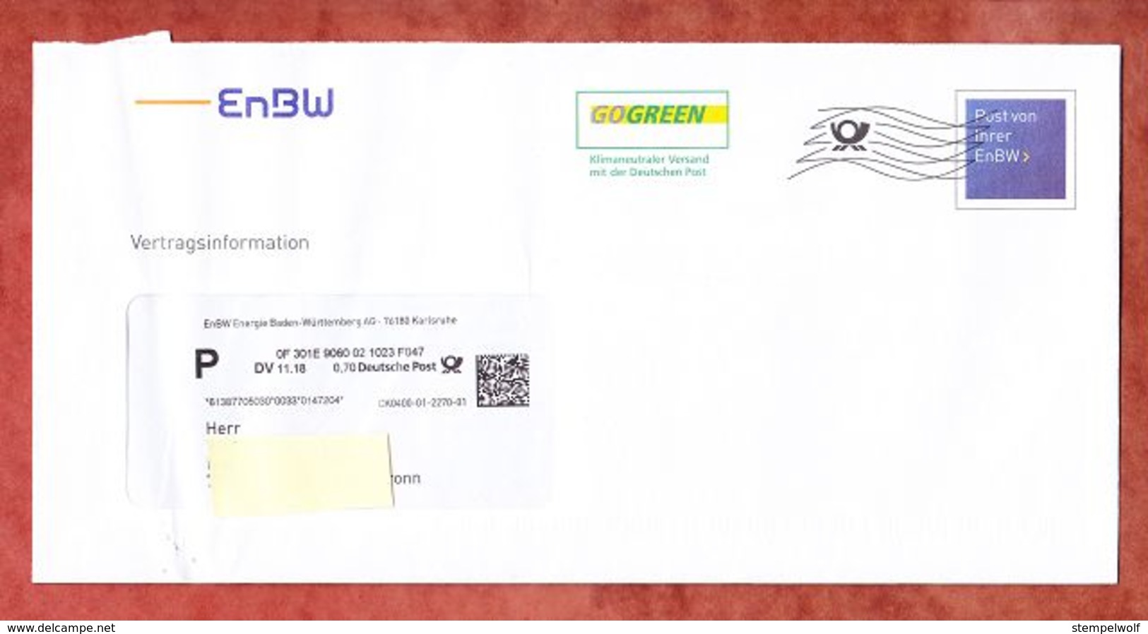 Brief, EnBW Karlsruhe, Anschreibeteil, DV 11.18, 70 C, Datamatrix, Frankierwelle (70649) - Maschinenstempel (EMA)