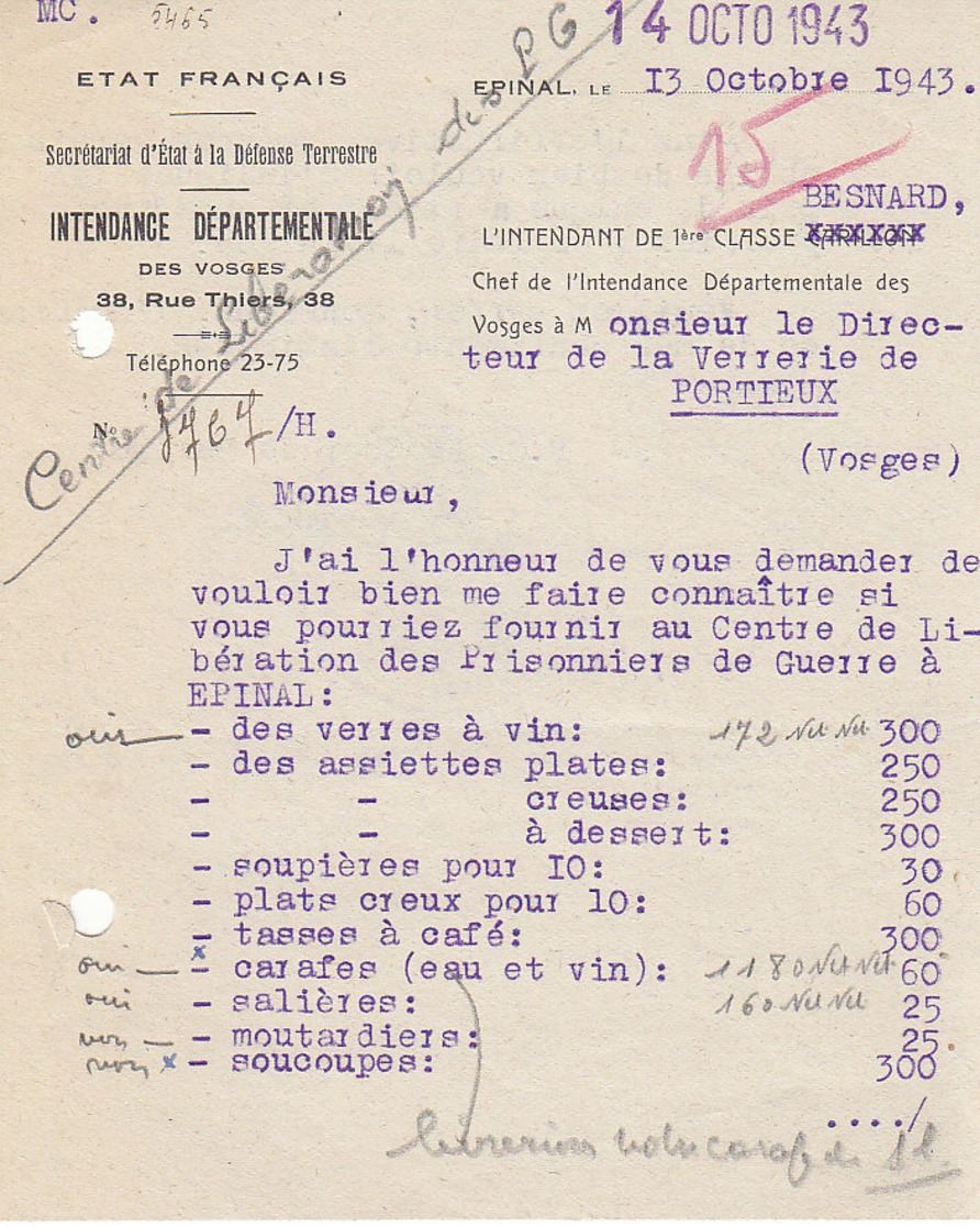 Intendance Départementale D' Epinal , Vosges , Commande Pour Les Prisonniers De Guerre Libérés ,1943 ,2 Scans - Documents