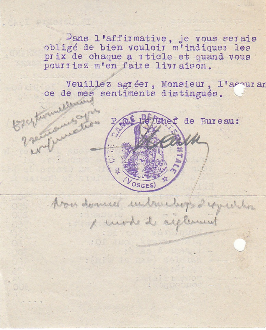 Intendance Départementale D' Epinal , Vosges , Commande Pour Les Prisonniers De Guerre Libérés ,1943 ,2 Scans - Documents