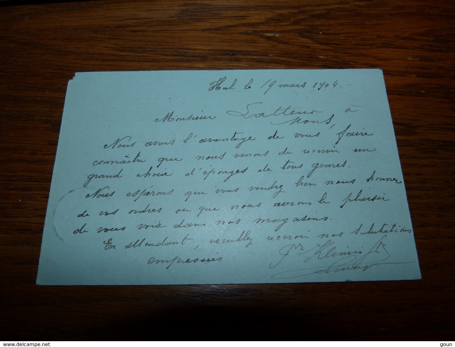 Entier Postal Klimis Frères Hal Importation Et Exportation Directes Eponges Et Peaux De Chamois 1904 Carte Bleue - Autres & Non Classés