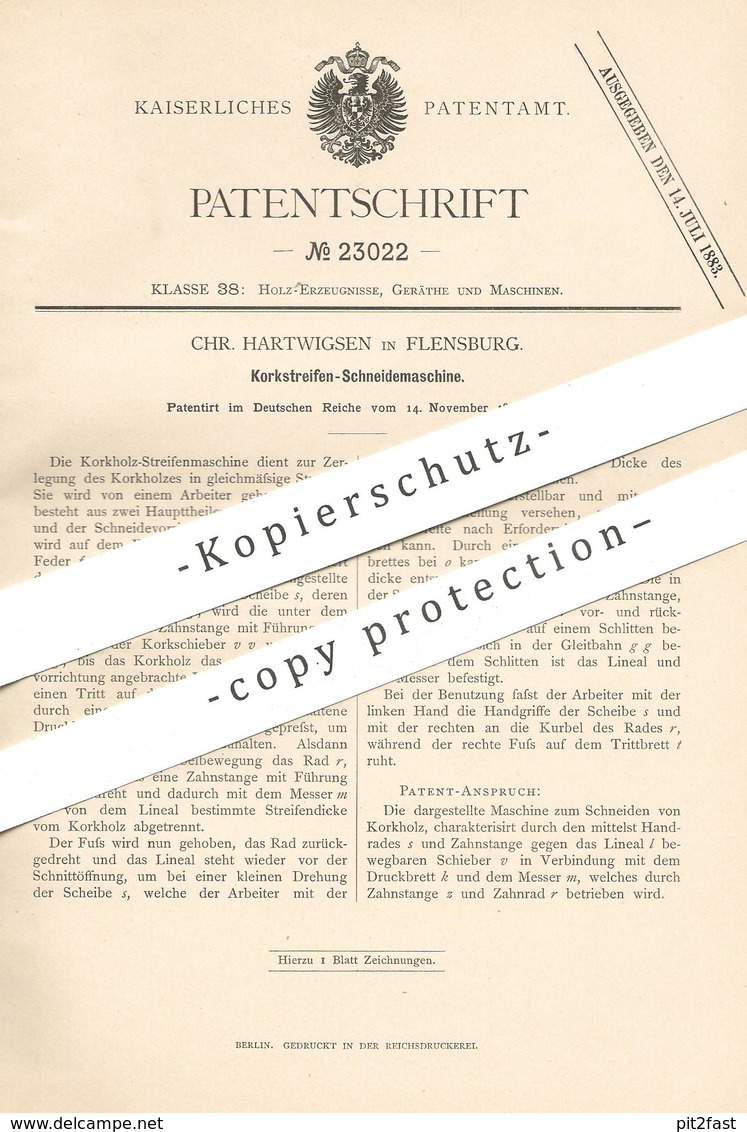 Original Patent - Chr. Hartwigsen , Flensburg 1882 , Korkstreifen - Schneidemaschine | Kork - Holz | Korkholz | Tischler - Historical Documents