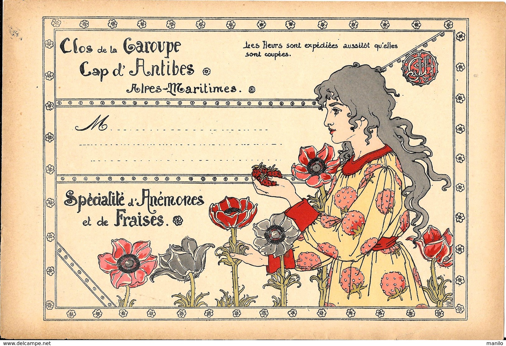 Etiquette Pour BOITE D'ENVOI DE FLEURS "CLOS De La GAROUPE - CAP D'ANTIBES" Début XXe Art Nouveau -ANEMONES Et FRAISES - 1900 – 1949