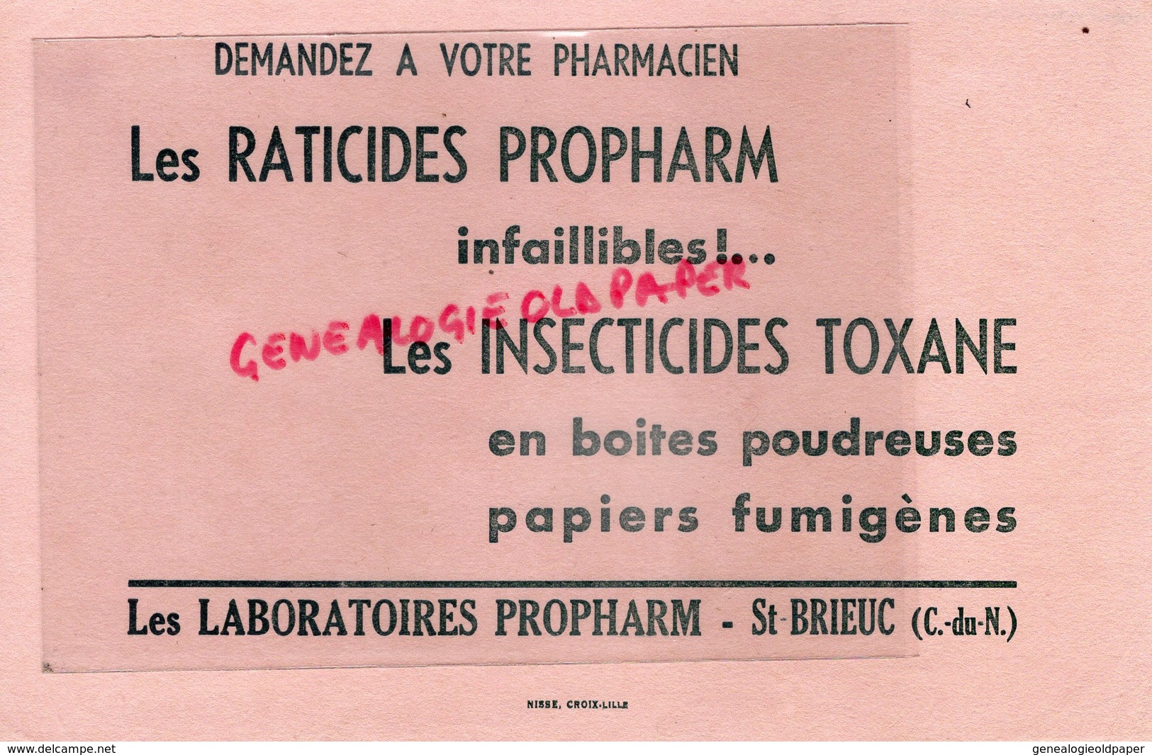 22 - ST SAINT BRIEUC- RARE BUVARD LABORATOIRES PROPHARM-PHARMACIEN RATICIDE TOXANE-IMPRIMERIE NISSE CROIX LILLE - Droguerías