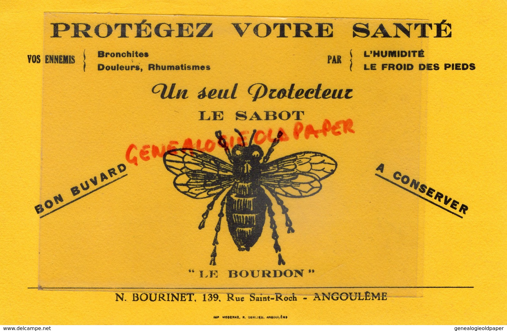 16- ANGOULEME - RARE BUVARD N. BOURINET 139 RUE SAINT ROCH- LE SABOT - LE BOURDON- PROTEGEZ VOTRE SANTE-BRONCHITE - Chemist's