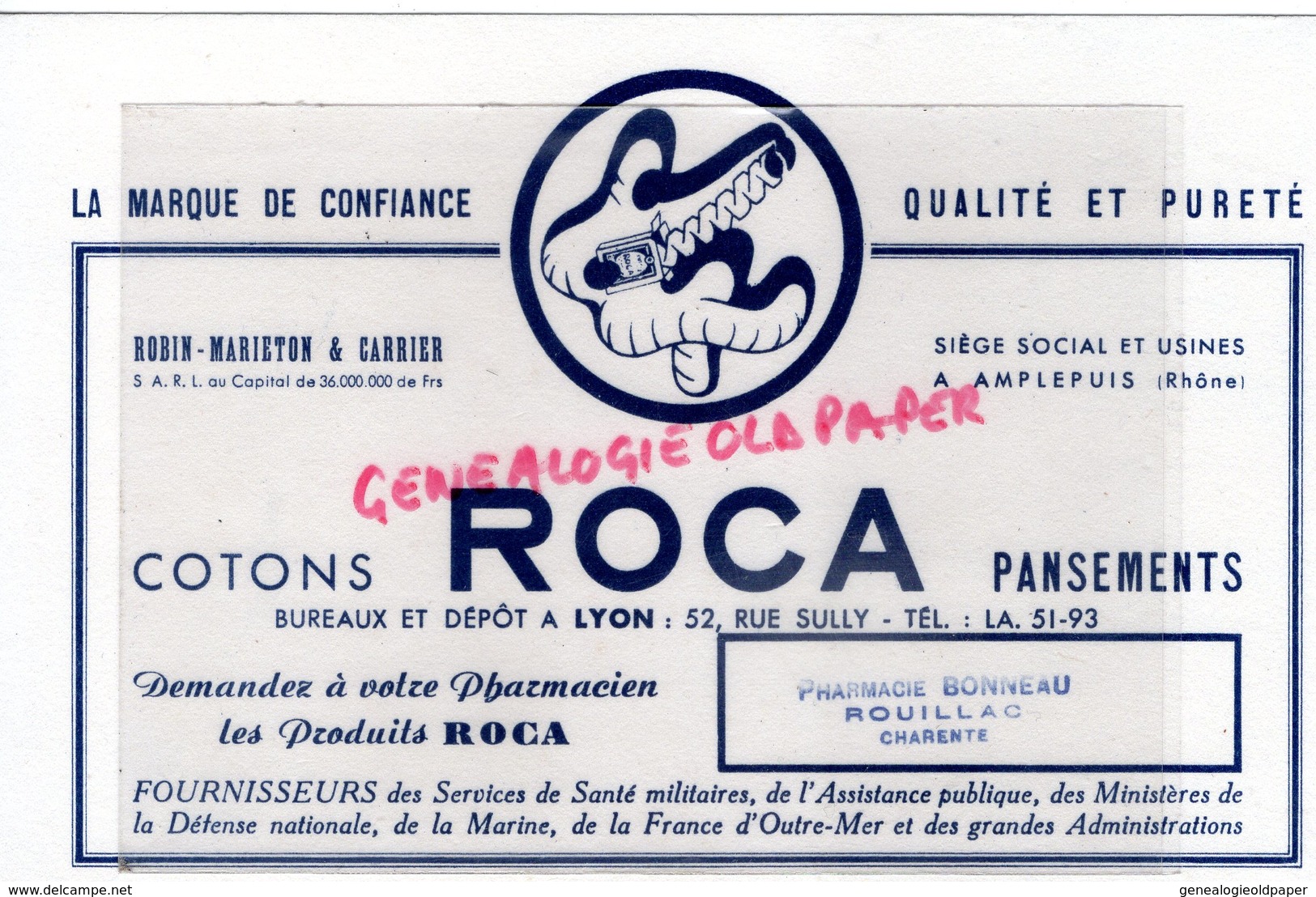 16- ROUILLAC - BUVARD PHARMACIE BONNEAU- COTONS ROCA PANSEMENTS-PHARMACIEN PHARMACIE-LYON -ROBIN MARIETON CARRIER - Produits Pharmaceutiques