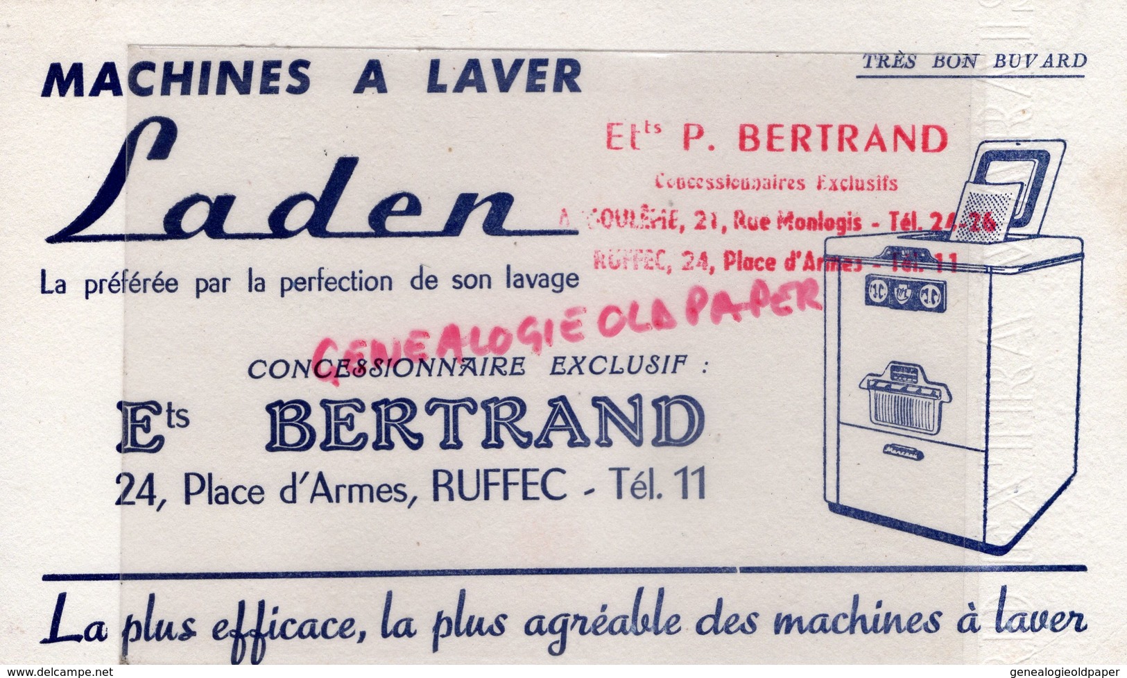 16- RUFFEC - ETS P. BERTRAND -ANGOULEME- RARE BUVARD MACHINES A LAVER LADEN- LAVAGE-24 PLACE D' ARMES - Wash & Clean