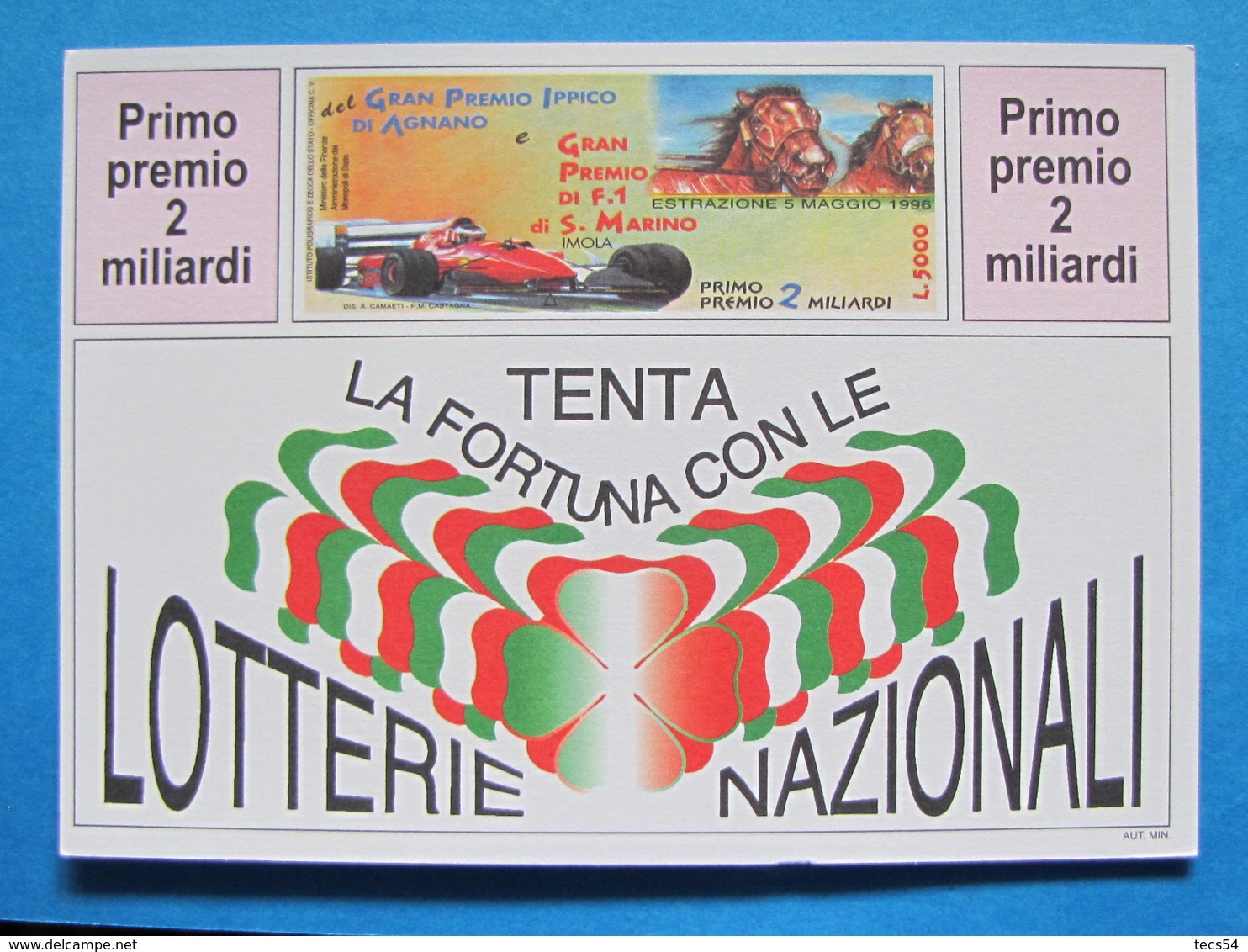 CARTOLINA LOTTERIA NAZIONALE AGNANO E GRAN PREMIO F1 SAN MARINO IMOLA 1996 - Biglietti Della Lotteria