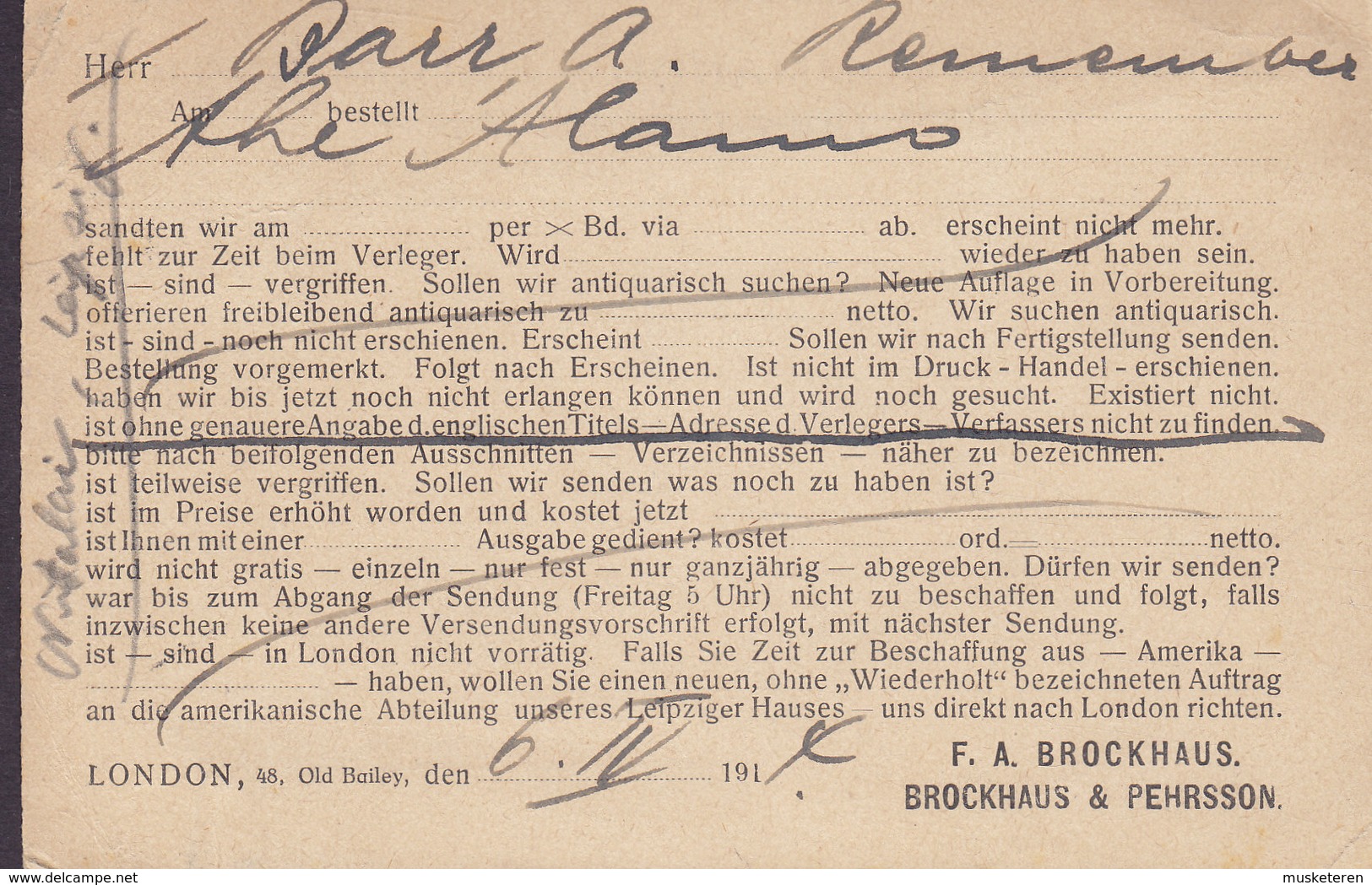 Great Britain F. A. BROCKHAUS Brockhaus & Pehrsson BULLETIN De COMMANDE Book Order LONDON 1914 Card Karte (2 Scans) - Covers & Documents