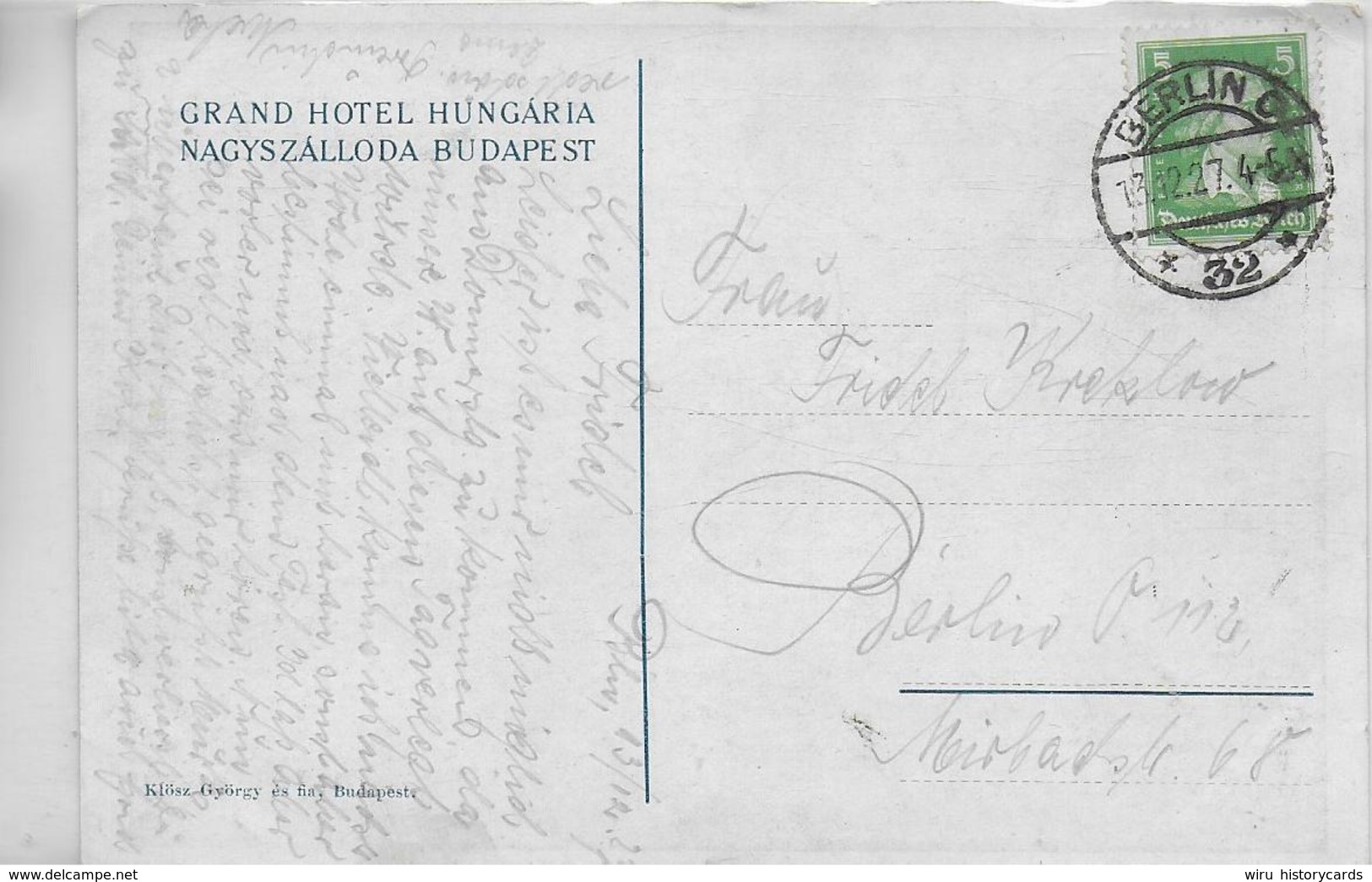 AK 0185  Grand Hotel Hungaria - Nagyszálloda Budapest Um 1927 - Hungría