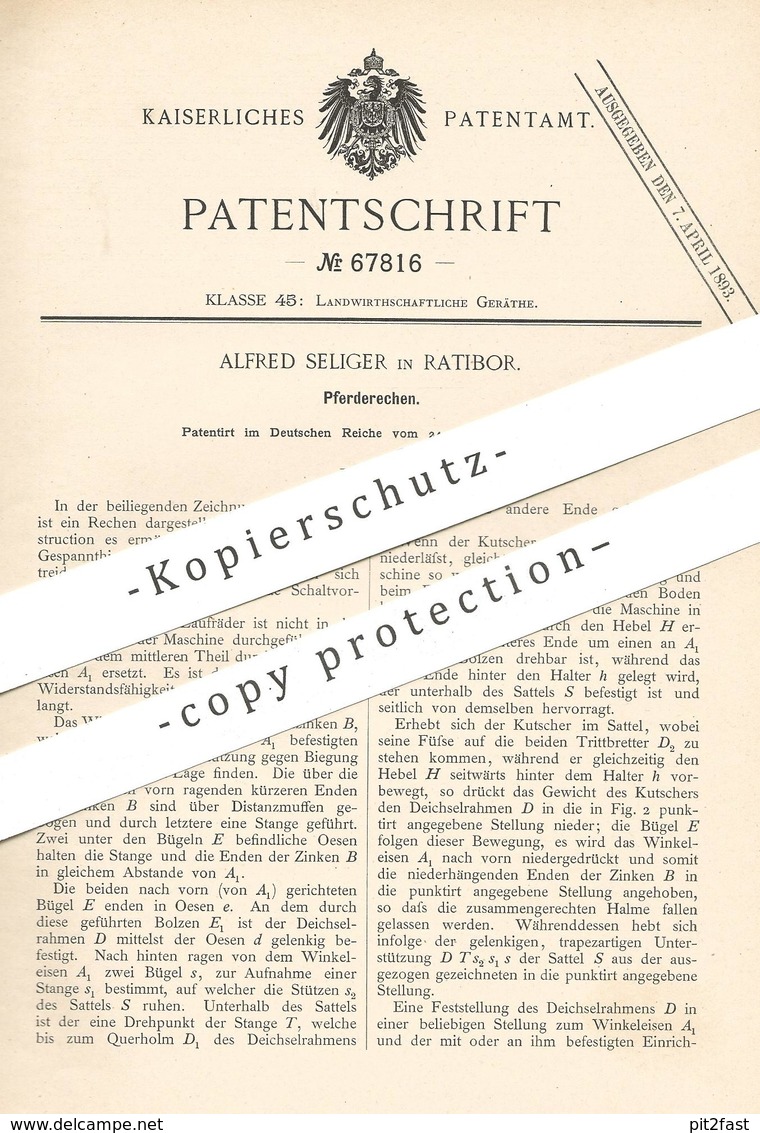 Original Patent - Alfred Seliger , Ratibor , 1892 , Pferderechen | Pferde - Rechen | Pferd , Landwirtschaft , Getreide ! - Historische Dokumente