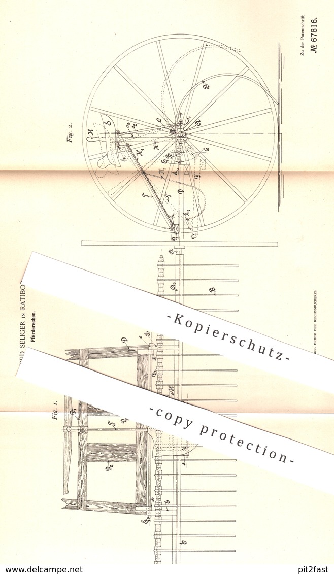 Original Patent - Alfred Seliger , Ratibor , 1892 , Pferderechen | Pferde - Rechen | Pferd , Landwirtschaft , Getreide ! - Historische Dokumente