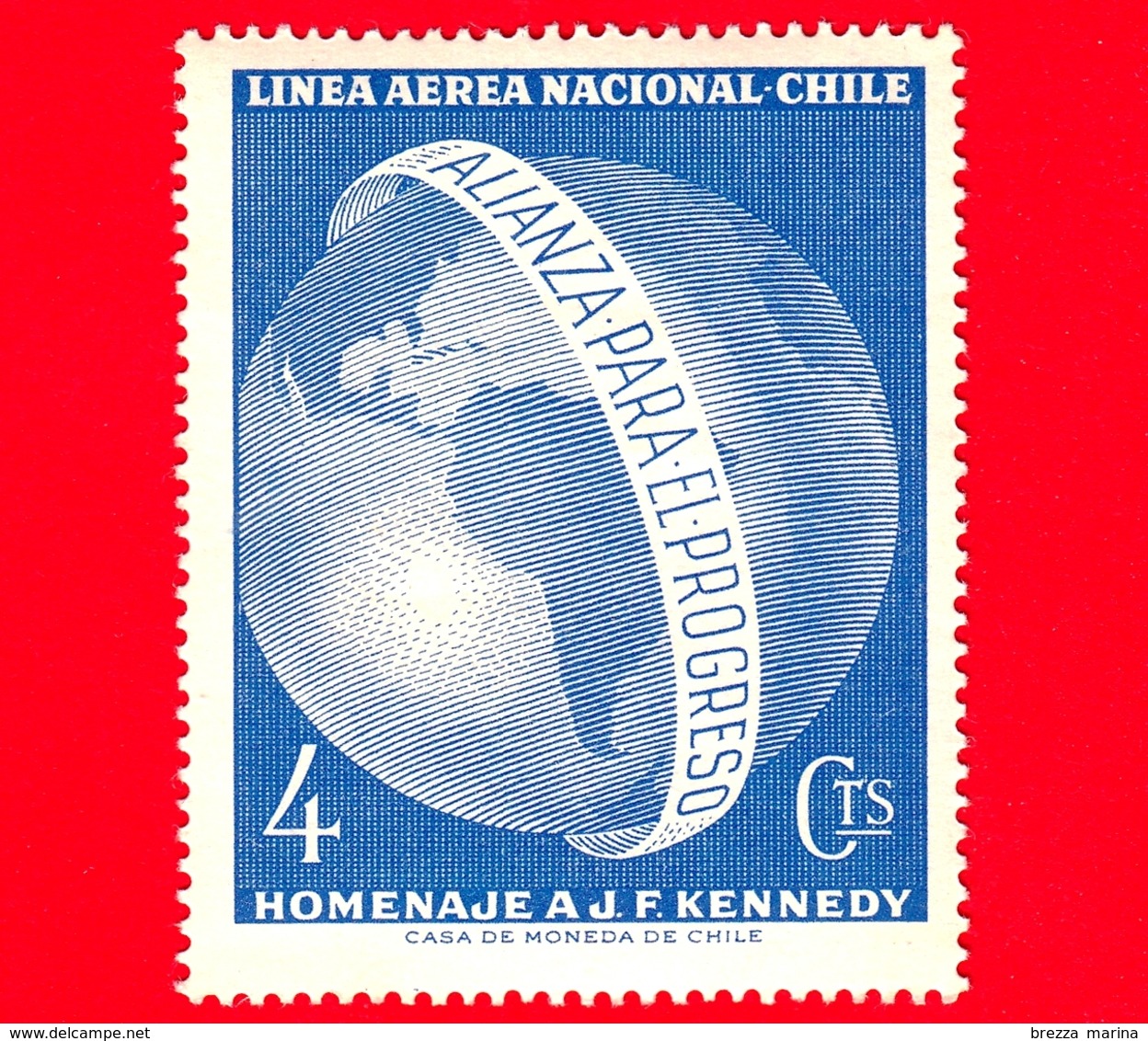 Nuovo - CILE - 1964 - Emisfero Occidentale In Memoria Di John F. Kennedy - Mappamondo - 4 - P. Aerea - Cile