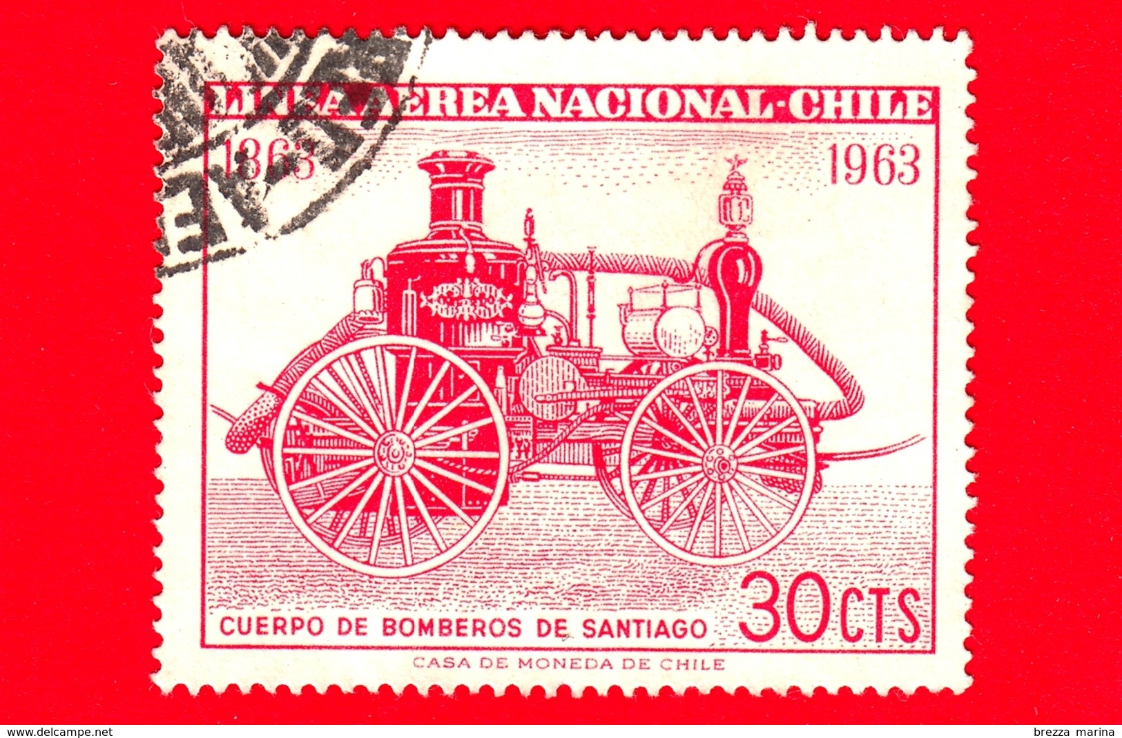 CILE - Usato - 1963 - Centenario Dei Vigili Del Fuoco Di Santiago - Fireman - Fire Engine Of 1860's - 30 P. Aerea - Cile