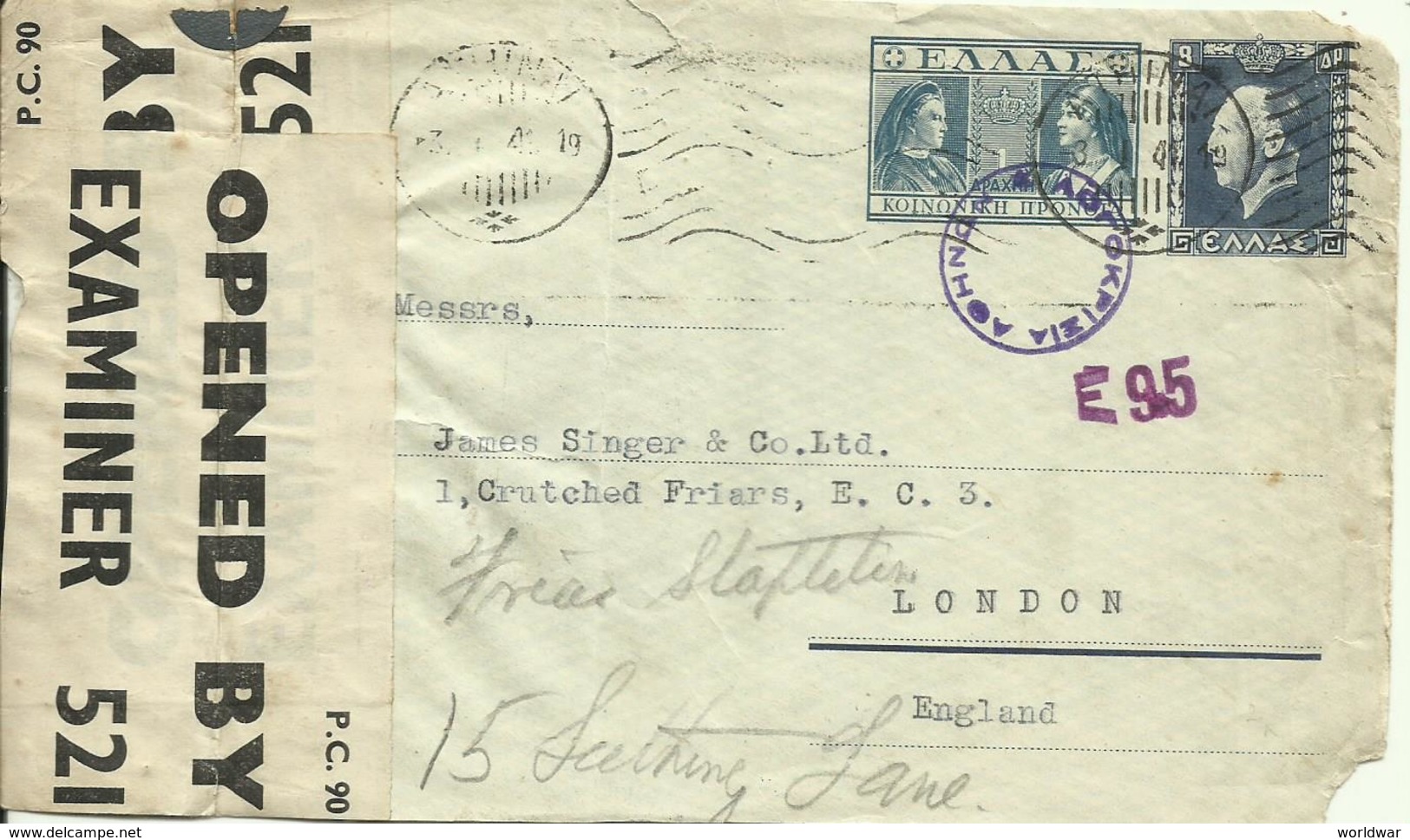 1941 Front Of Censored Preprinted Envelope Sent From Athens To London  Rare - Entiers Postaux