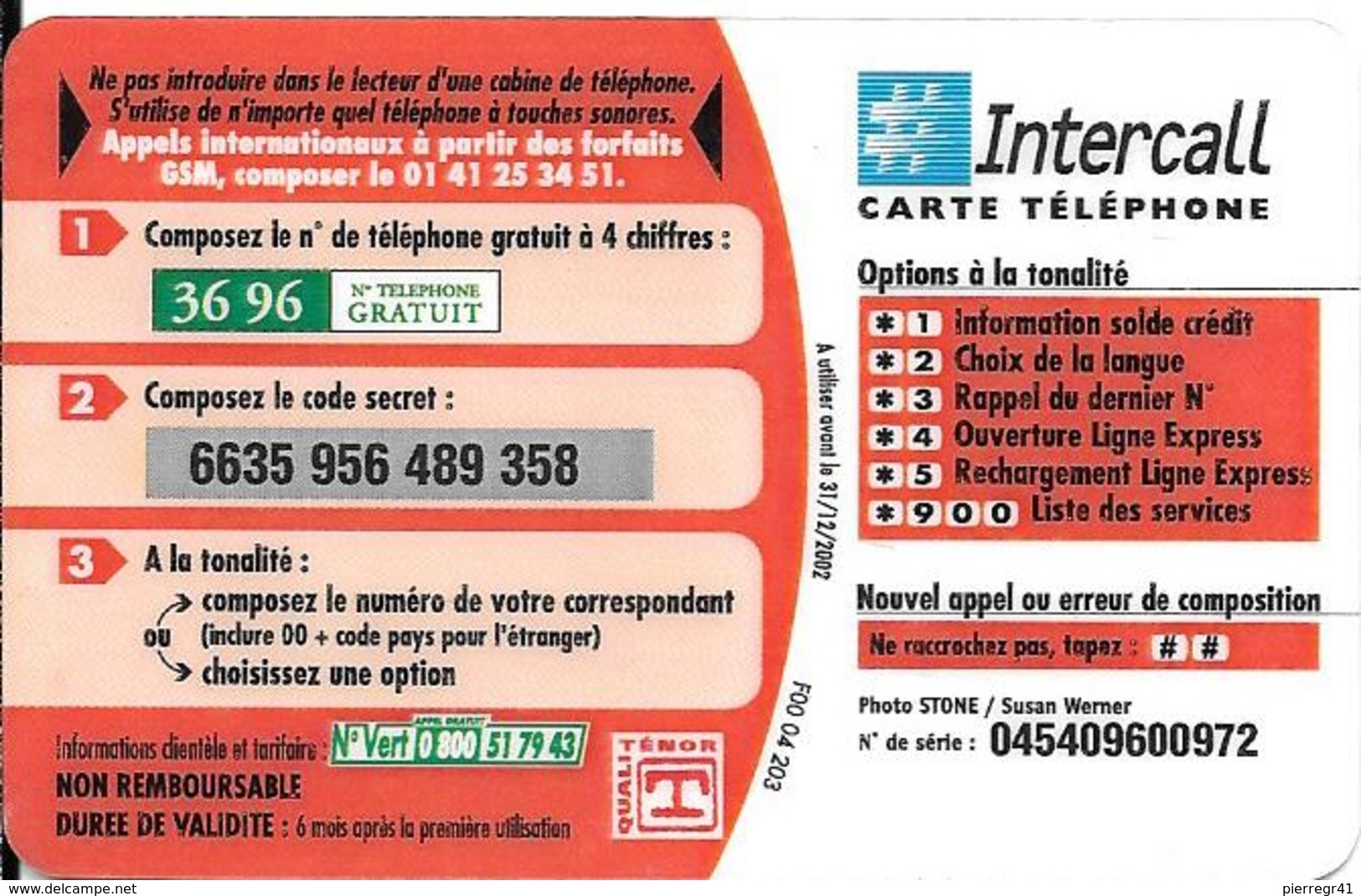 CARTE-PREPAYEE-50F-31/12/ 2002-INTERCALL-FEMMEet BEBE Buvant BIBERON-V°Code Sur Fond Gris--TBE- - Autres & Non Classés