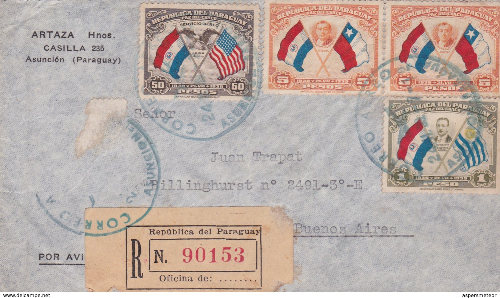 AIRMAIL CIRCULEE PARAGUAY A BUENOS AIRES YEAR 1939 RECOMMANDE MIXED STAMPS - BLEUP - Paraguay