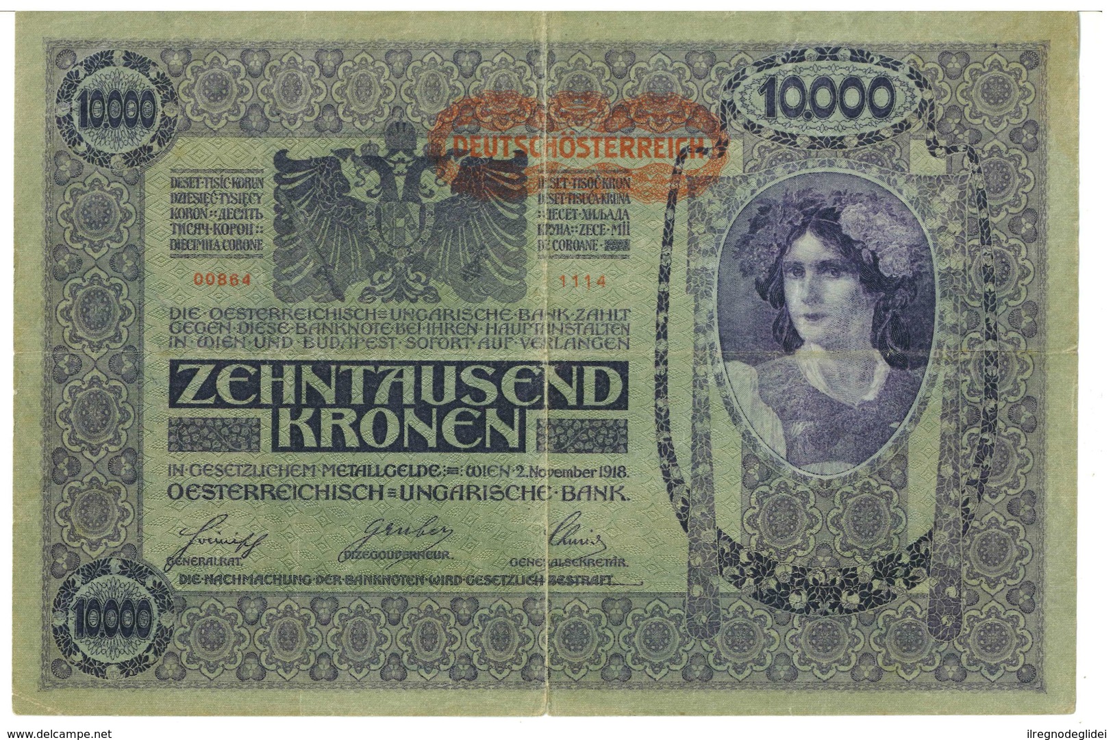 IMPERO AUSTRO UNGARICO - ANNO 1918 - 10.000 KRONEN - QUALITA' B - SERIALE 00864 - 1114 - WYSIWYG - Austria