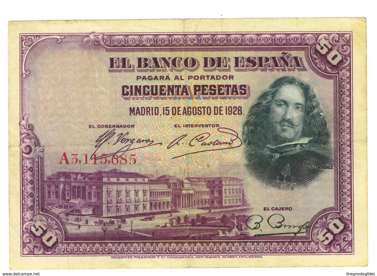 SPAGNA - 50 PESETAS - QUALITA' B - ANNO 1928 SERIALE  A3115685 - WYSIWYG - 50 Pesetas