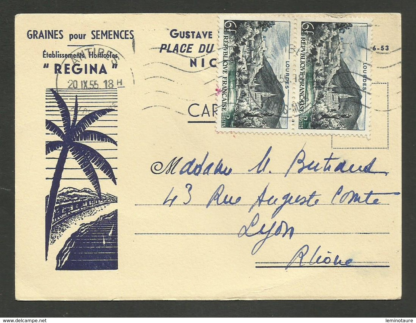 NICE / Carte Commerciale " Graines Pour Semences Ets REGINA " / Affr. Paire 6F Lourdes 1955 - 1921-1960: Période Moderne