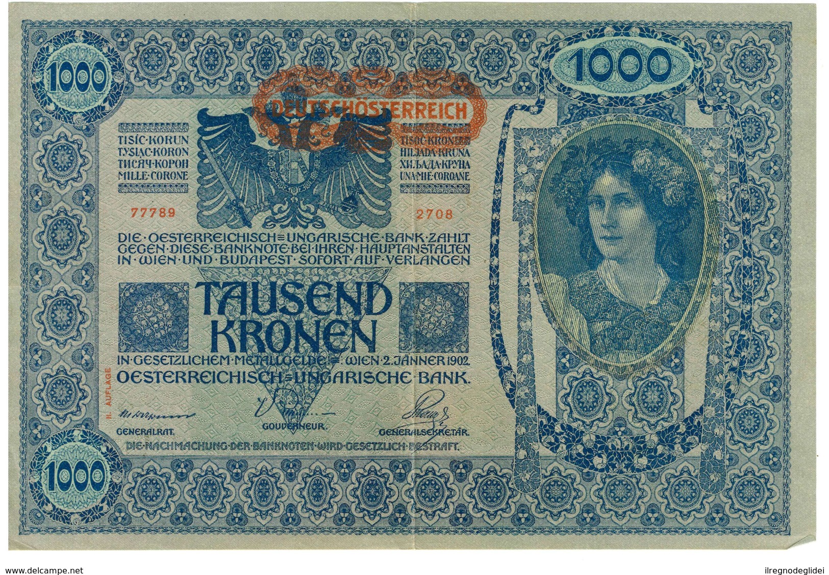 IMPERO AUSTRO UNGARICO - ANNO 1902 - 1000 KRONEN - QUALITA' B - SERIALE 77789 - 2708 - WYSIWYG - Austria