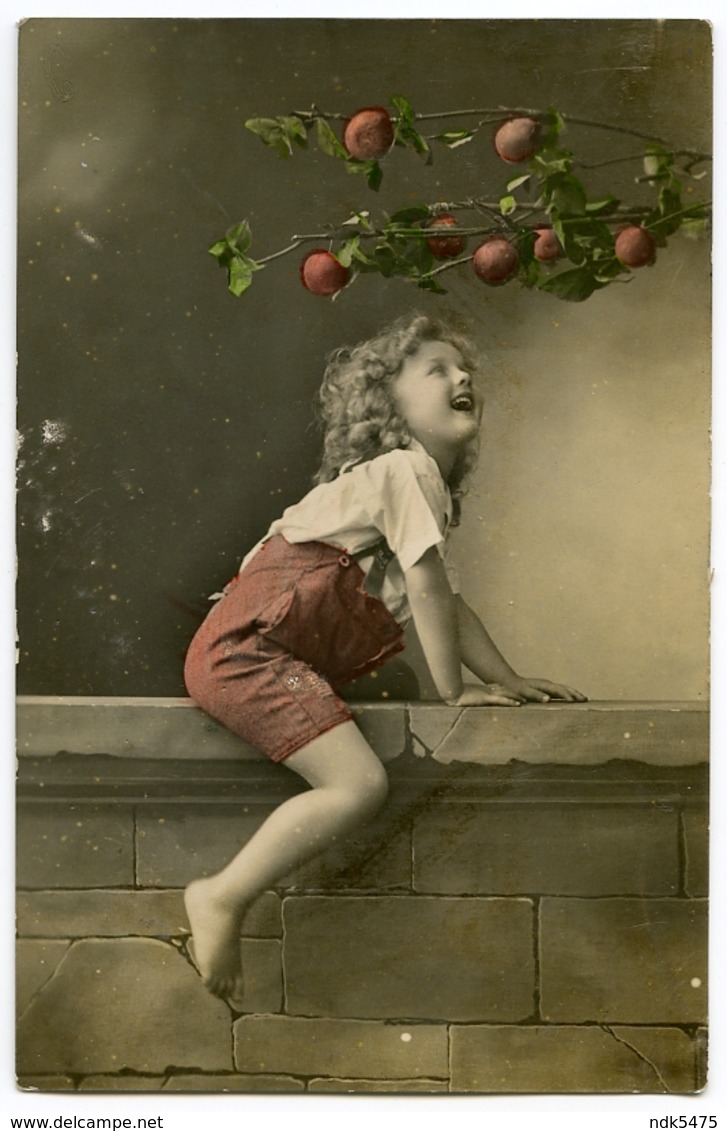 PRETTY GIRL SITTING ON WALL, WITH FRUIT TREE - APPLES (HAND COLOURED) - Portraits