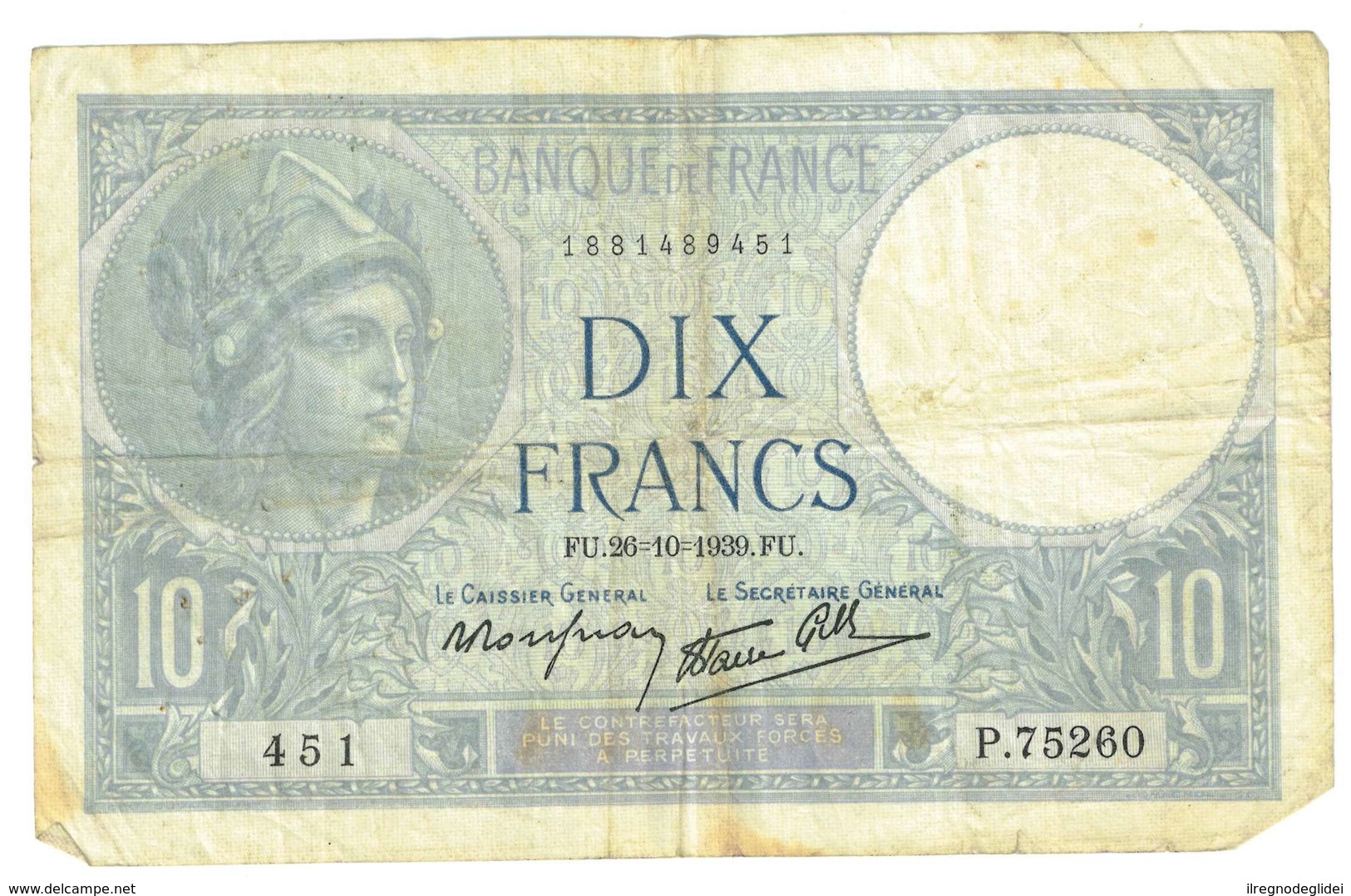 FRANCIA  - 10 FRANCHI - QUALITA' B - ANNO 1939 SERIALE 451 - P 75260 - WYSIWYG - 10 F 1916-1942 ''Minerve''