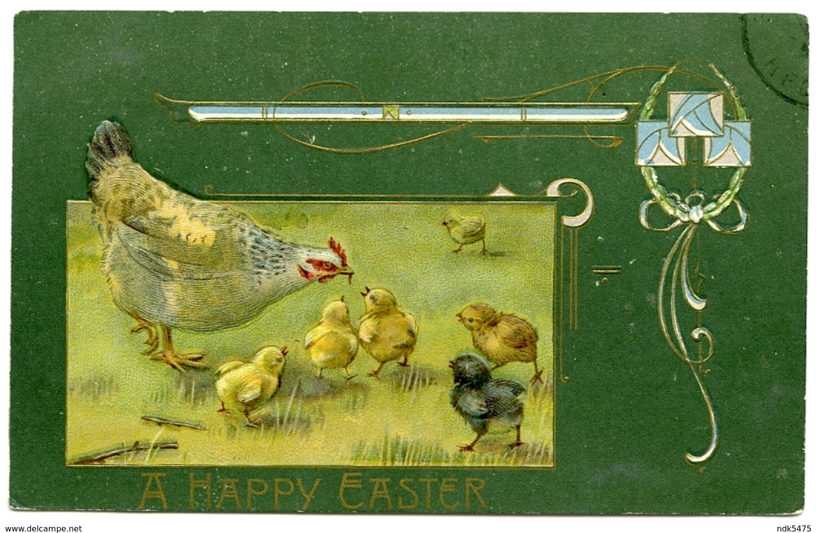 A HAPPY EASTER : HEN WITH CHICKS (ART NOUVEAU - EMBOSSED) - Easter