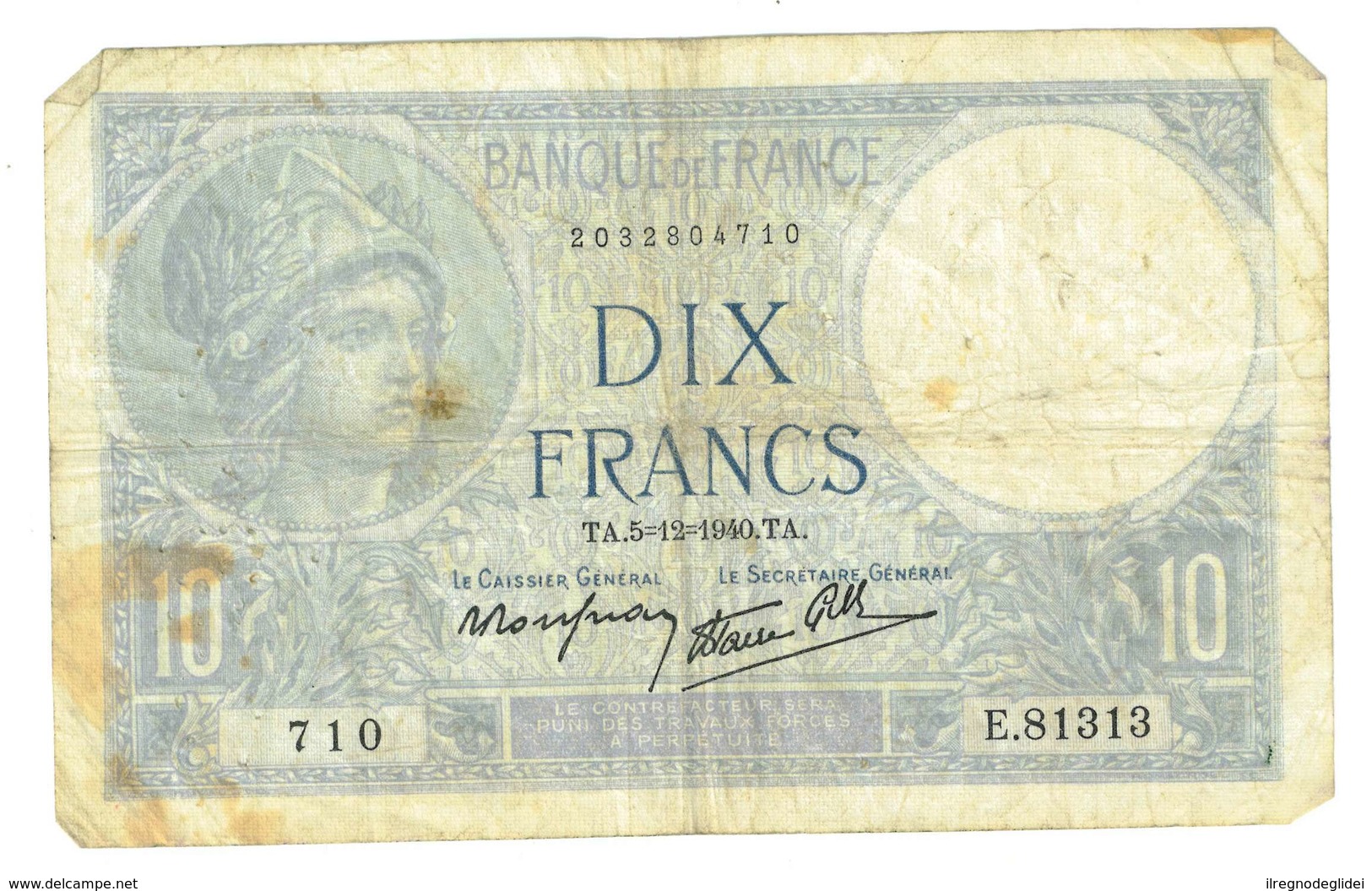 FRANCIA  - 10 FRANCHI - QUALITA' B - ANNO 1940 SERIALE 710 - E81313 - WYSIWYG - 10 F 1916-1942 ''Minerve''