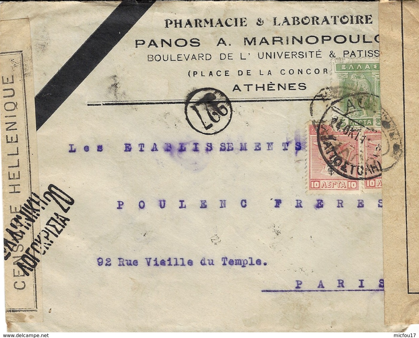 1918- Lettre  De Grece Pour Paris - Censure Hellenique N° 20 + Censure Française 310 - Cartas & Documentos