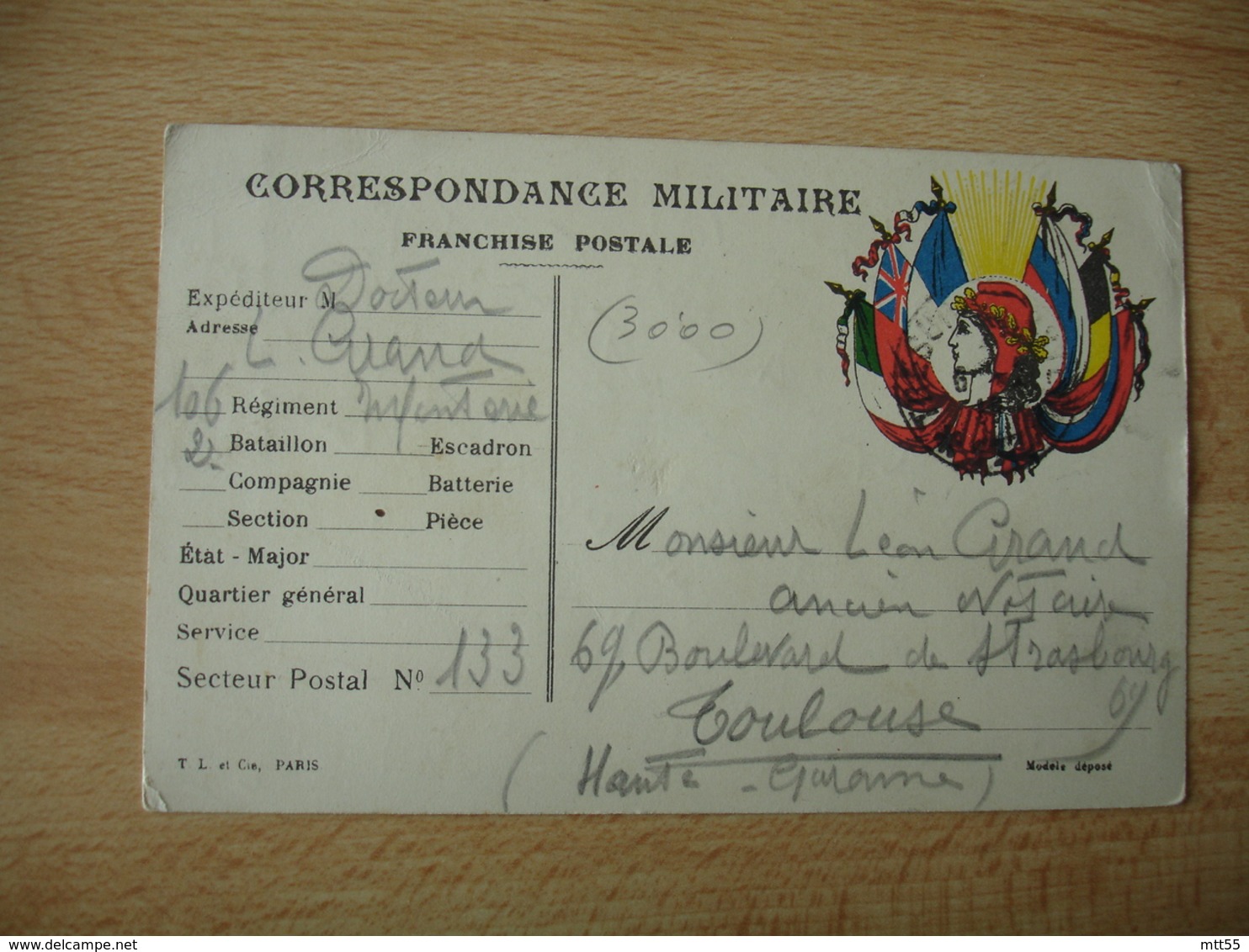 Carte Franchise Postale Guerre 14.18 Marianne Bonnet Phrygien Soleil 6 Drapeaux  Et T L Et Cie - WW I