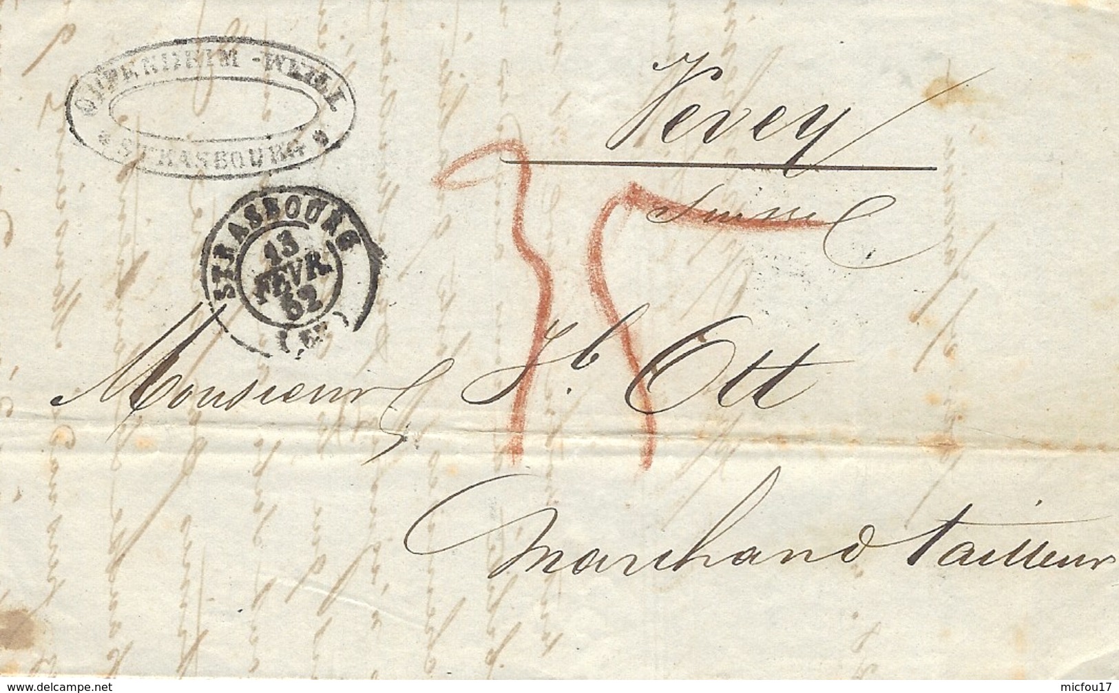 1852- Lettre En Port Du De Strasbourg TAXE 35 Suisse Crayon Rouge Pour VEVEY-au Dos,amb. Strasbourg à Bâle N°1 - 1843-1852 Federal & Cantonal Stamps