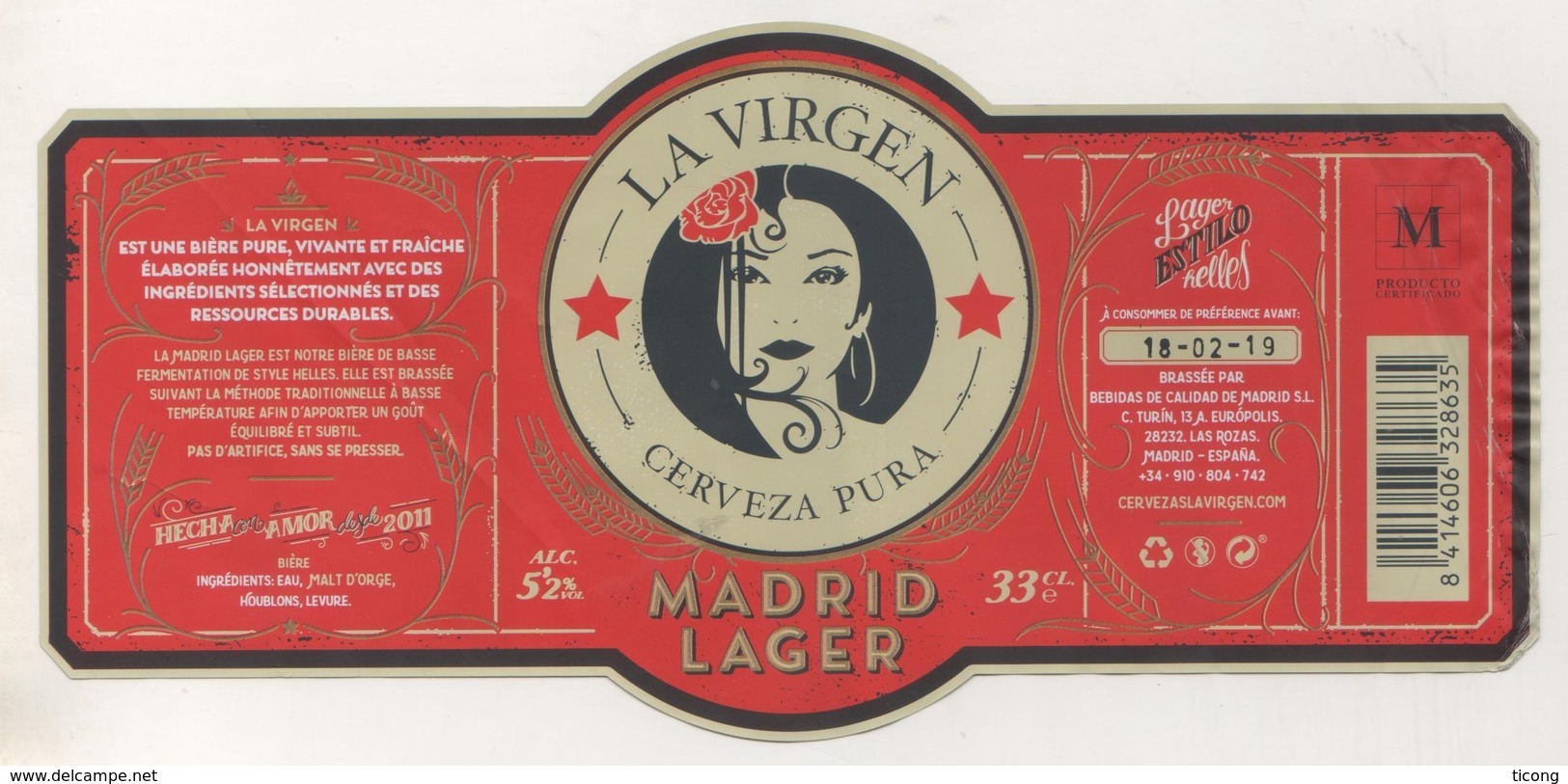 BIERE LA VIRGEN MADRID LAGER - BRASSERIE BEBIDAS DE CALIDAD DE MADRID ESPAGNE - VOIR LE SCANNER - Bière