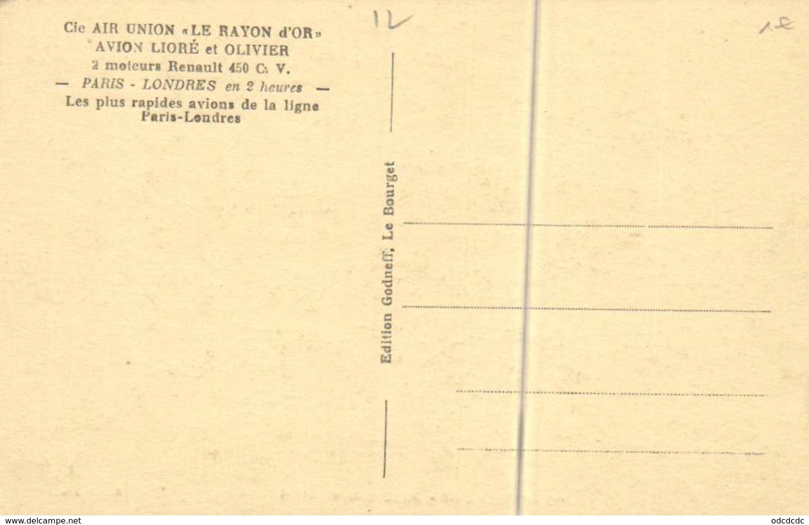 Cie AIR UNION  "LE RAYON D'OR" AVION LIORE Et OLIVIER  Paris Londres En 2 Heures RV - 1919-1938: Entre Guerres