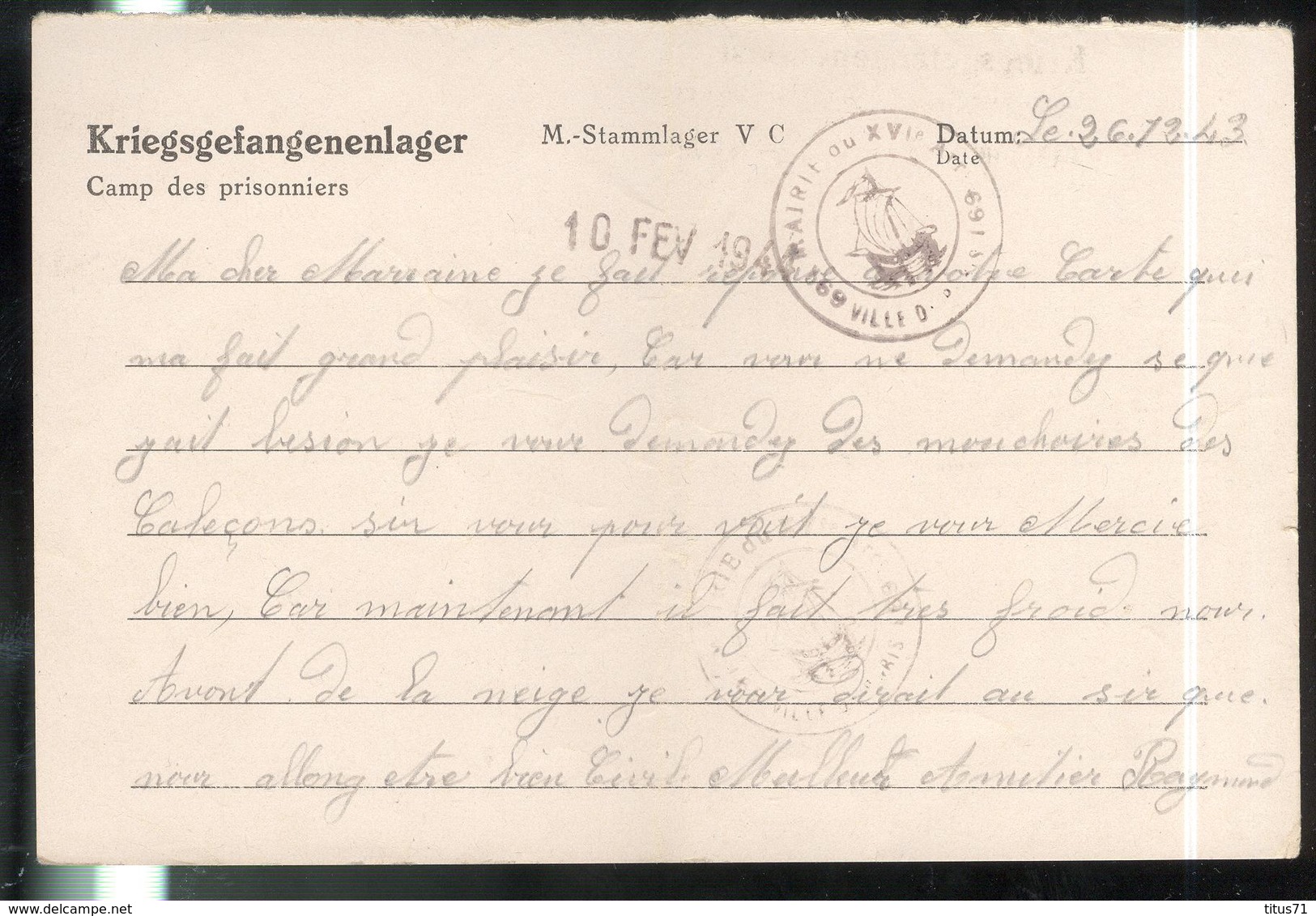 Courrier De Prisonnier Français En Allemagne - 1944 - Stalag V C - Documents