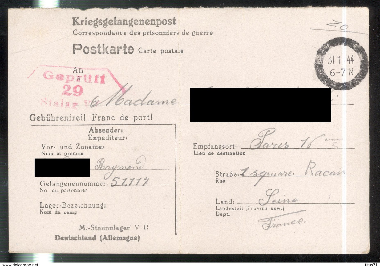 Courrier De Prisonnier Français En Allemagne - 31-1-1944 - Stalag V C - Dokumente