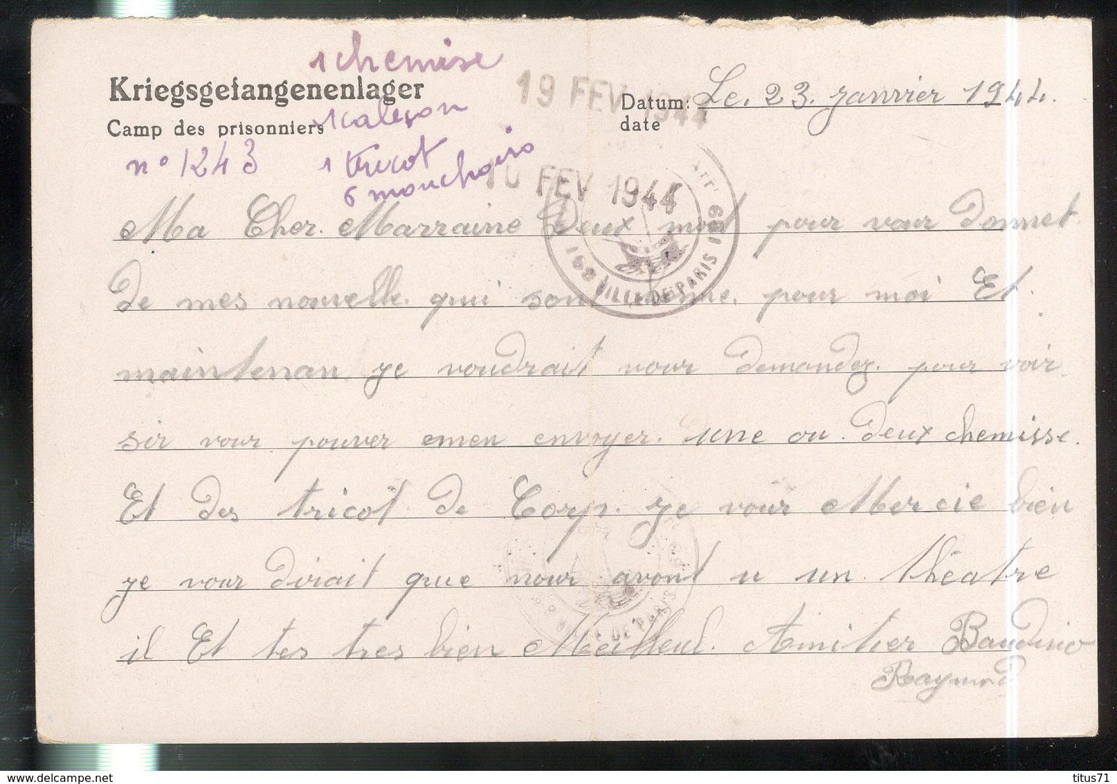 Courrier De Prisonnier Français En Allemagne - 31-1-1944 - Stalag V C - Documents