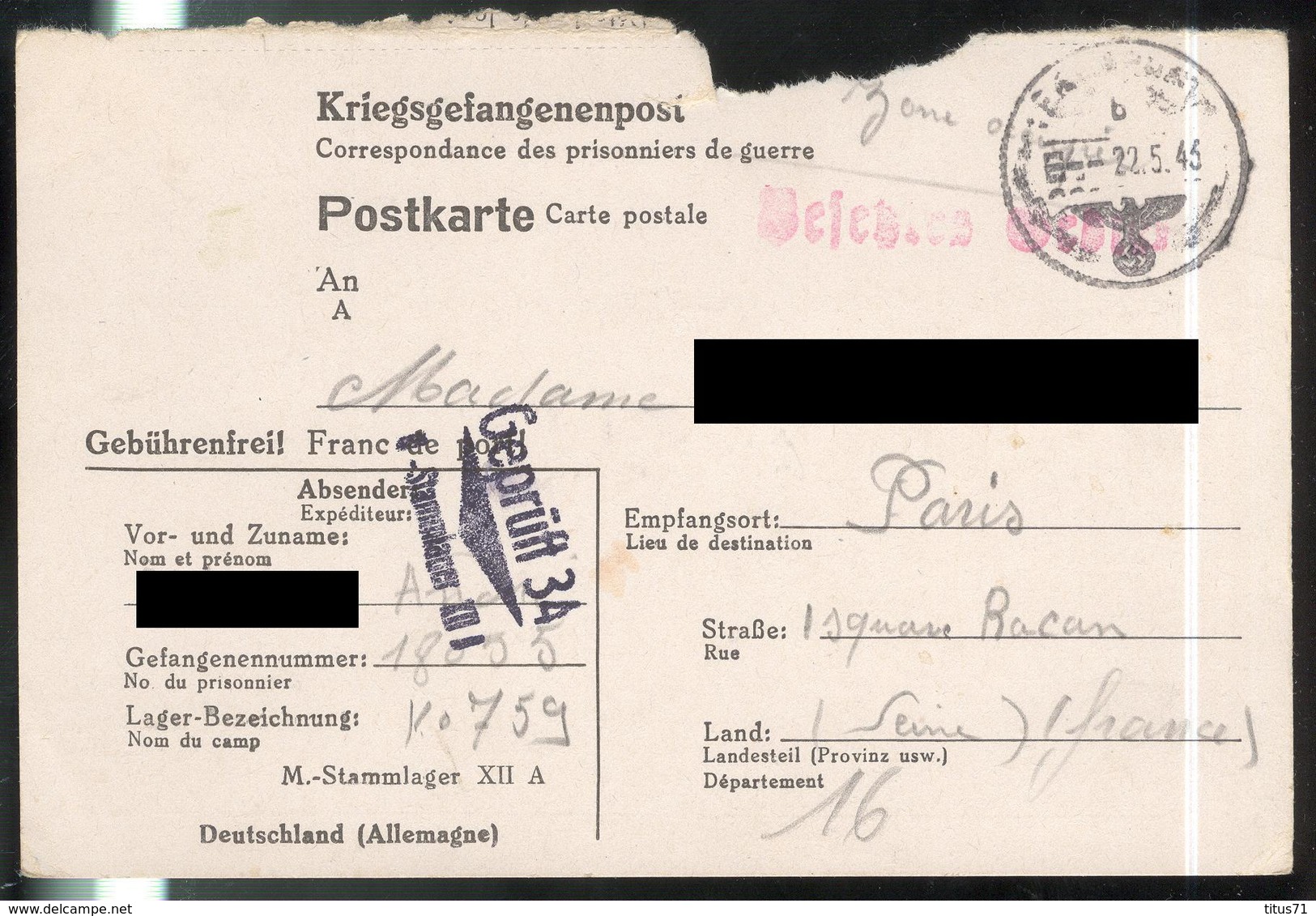 Courrier De Prisonnier Français En Allemagne - 22-5-1943 - Stalag XII A - Documents
