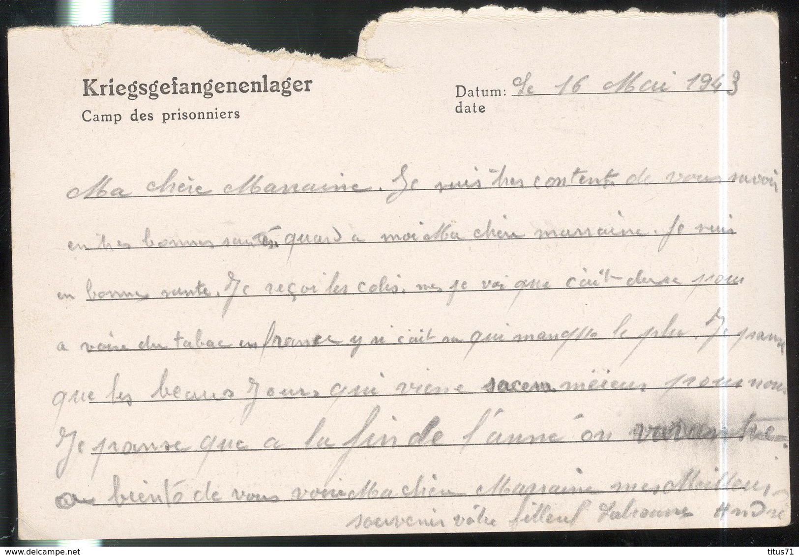 Courrier De Prisonnier Français En Allemagne - 22-5-1943 - Stalag XII A - Documents