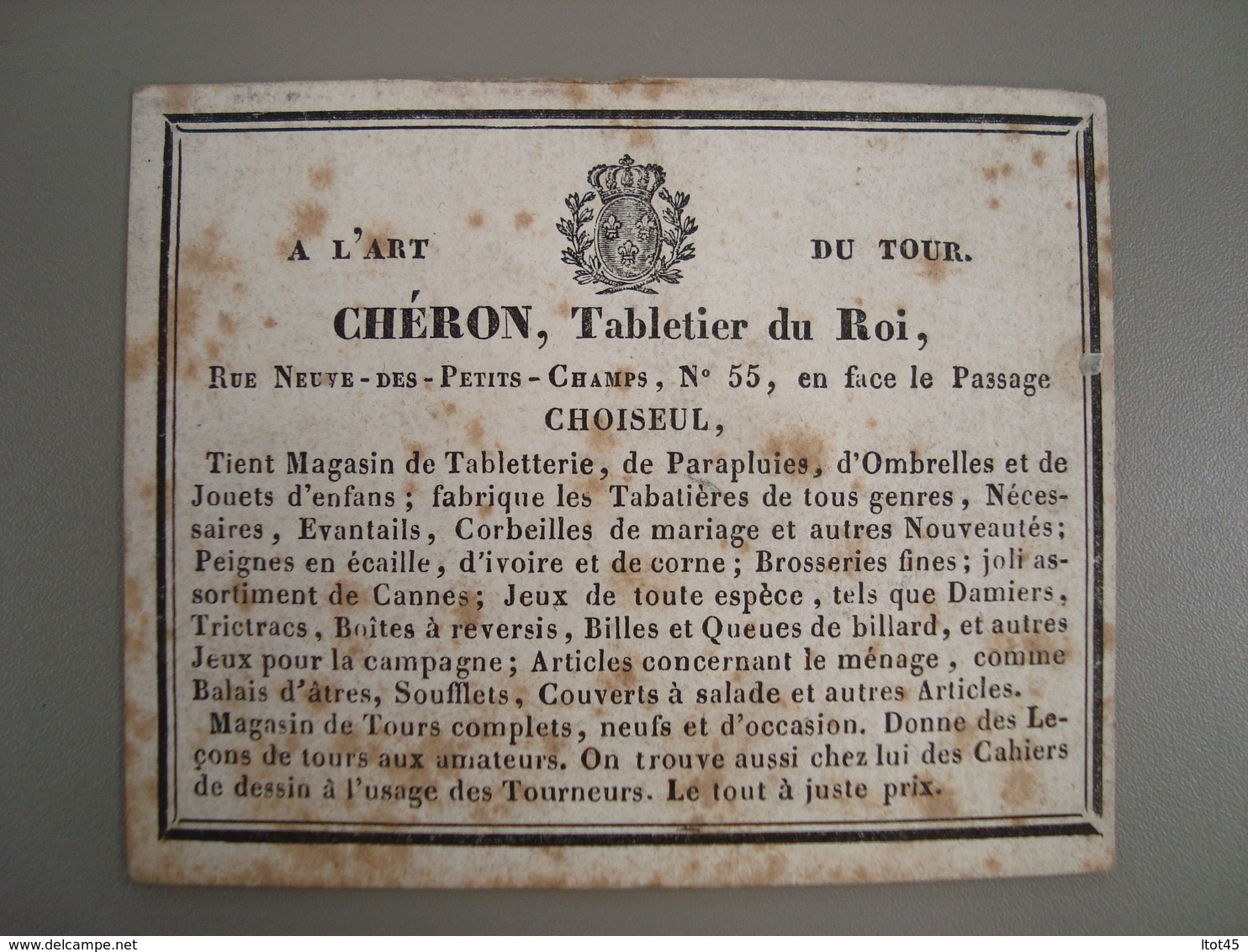 CARTE DE VISITE CHERON TABLIER DU ROI RUE NEUVE-DES-PETITS-CHAMPS N°55 - Cartes De Visite