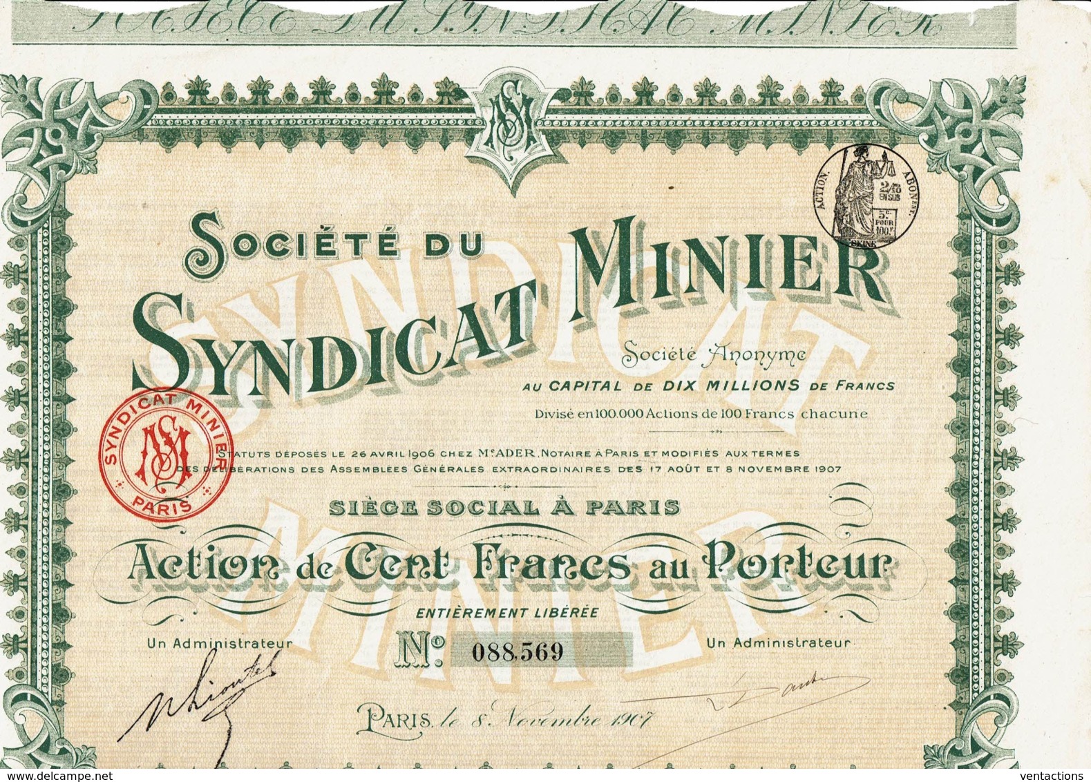 75-SYNDICAT MINIER. Sté Du Syndicat Minier. Paris. - Autres & Non Classés