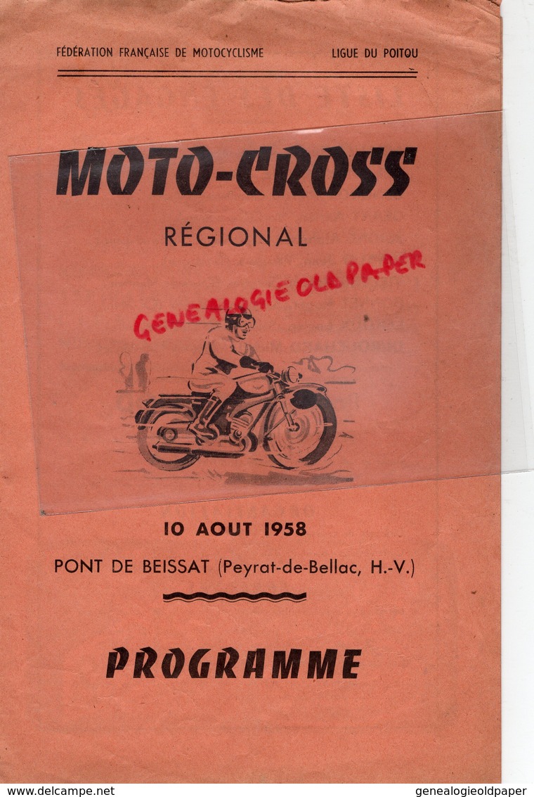 87 - PEYRAT DE BELLAC- PONT DE BEISSAT-RARE PROGRAMME MOTO CROSS 10 AOUT 1958- VLAUDE DELAUNAY-ADRIEN GEANT-REMY AIRAULT - Programas