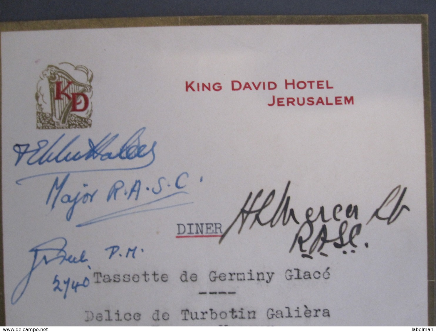ISRAEL PALESTINE HOTEL KING DAVID RESTAURANT MENU 1940 JERUSALEM VINTAGE ADVERTISING DESIGN ORIGINAL - Hotel Labels