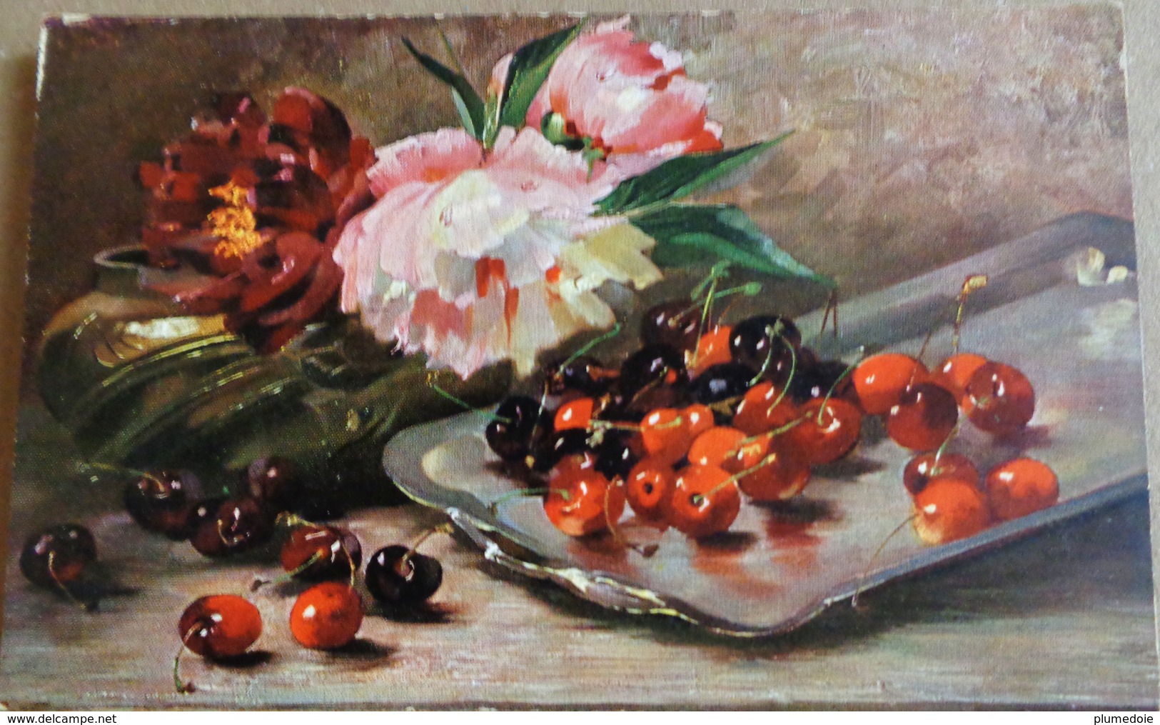 CPA NATURE MORTE FLEURS PIVOINES / CERISES FRUITS . ART . STILL LIFE FLOWERS PIVOINE  / CHERRIES SILVER PLATE - Fleurs