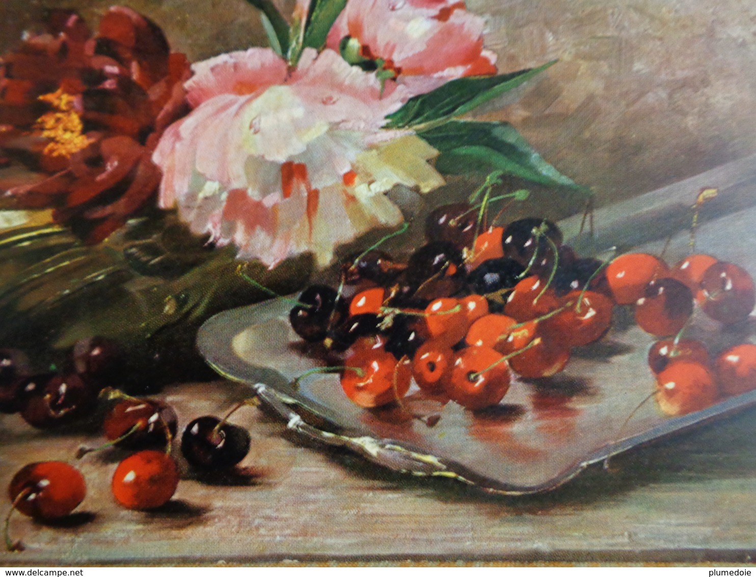 CPA NATURE MORTE FLEURS PIVOINES / CERISES FRUITS . ART . STILL LIFE FLOWERS PIVOINE  / CHERRIES SILVER PLATE - Fleurs