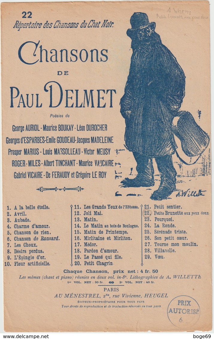 (GEO1) Chansons De PAUL DELMET ,petite Brunette Aux Yeux Doux  , Poesie JACQUES MADELEINE  , Illustration A WILLETTE - Partitions Musicales Anciennes