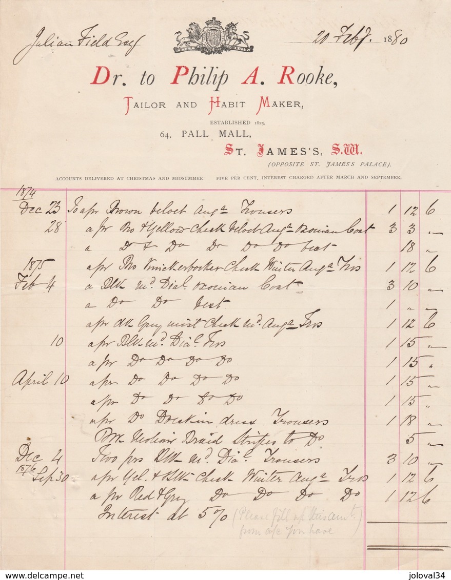 Royaume Uni Facture Illustrée 20/2/1880 Philip A Rooke Tailor And Habit Maker St James's LONDON - Royaume-Uni