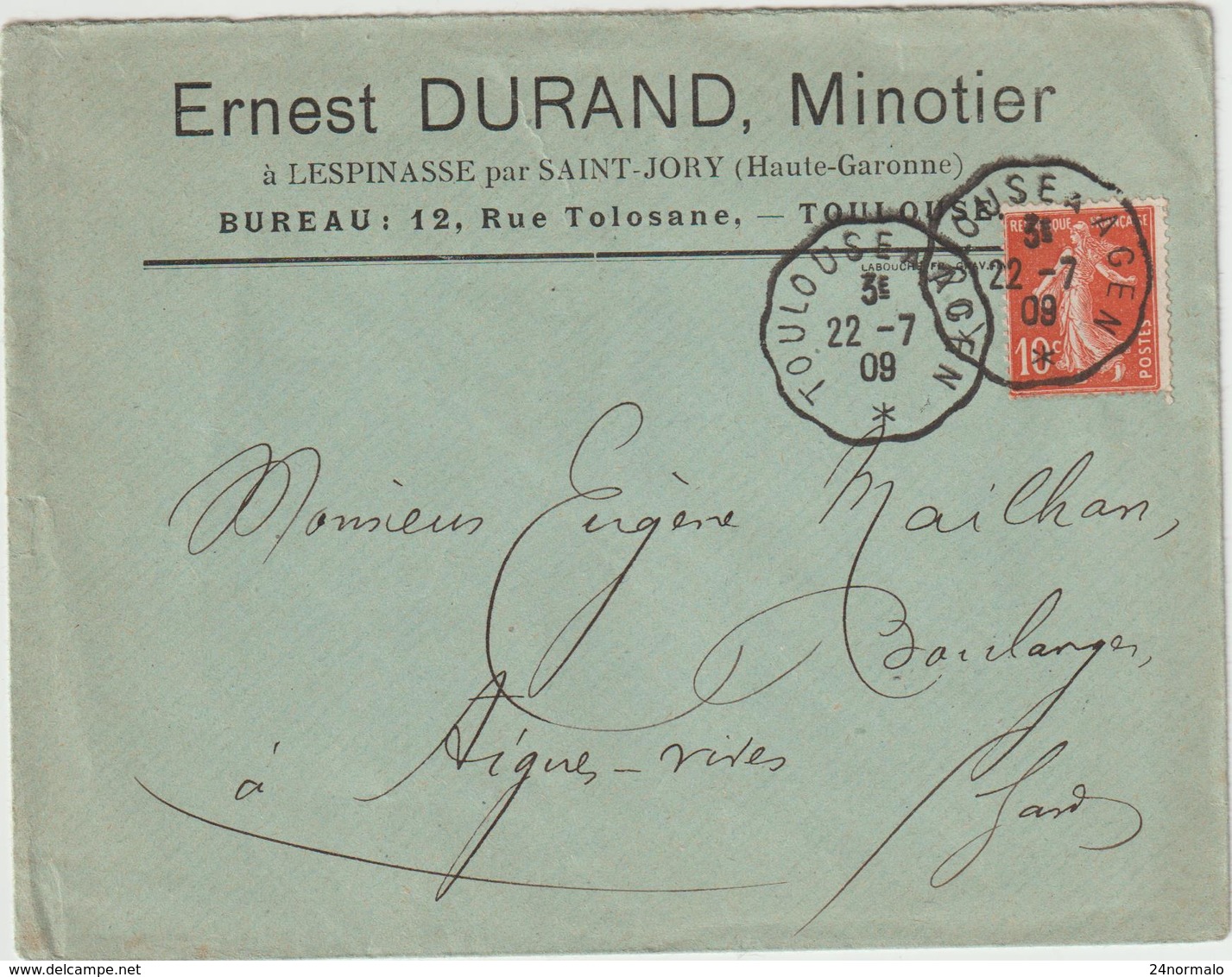 10c Semeuse ESC Minoterie Durand à Lespinasse/Saint Jory Haute Garonne Convoyeur Ligne Toulouse à Agen 1909 - 1877-1920: Semi Modern Period