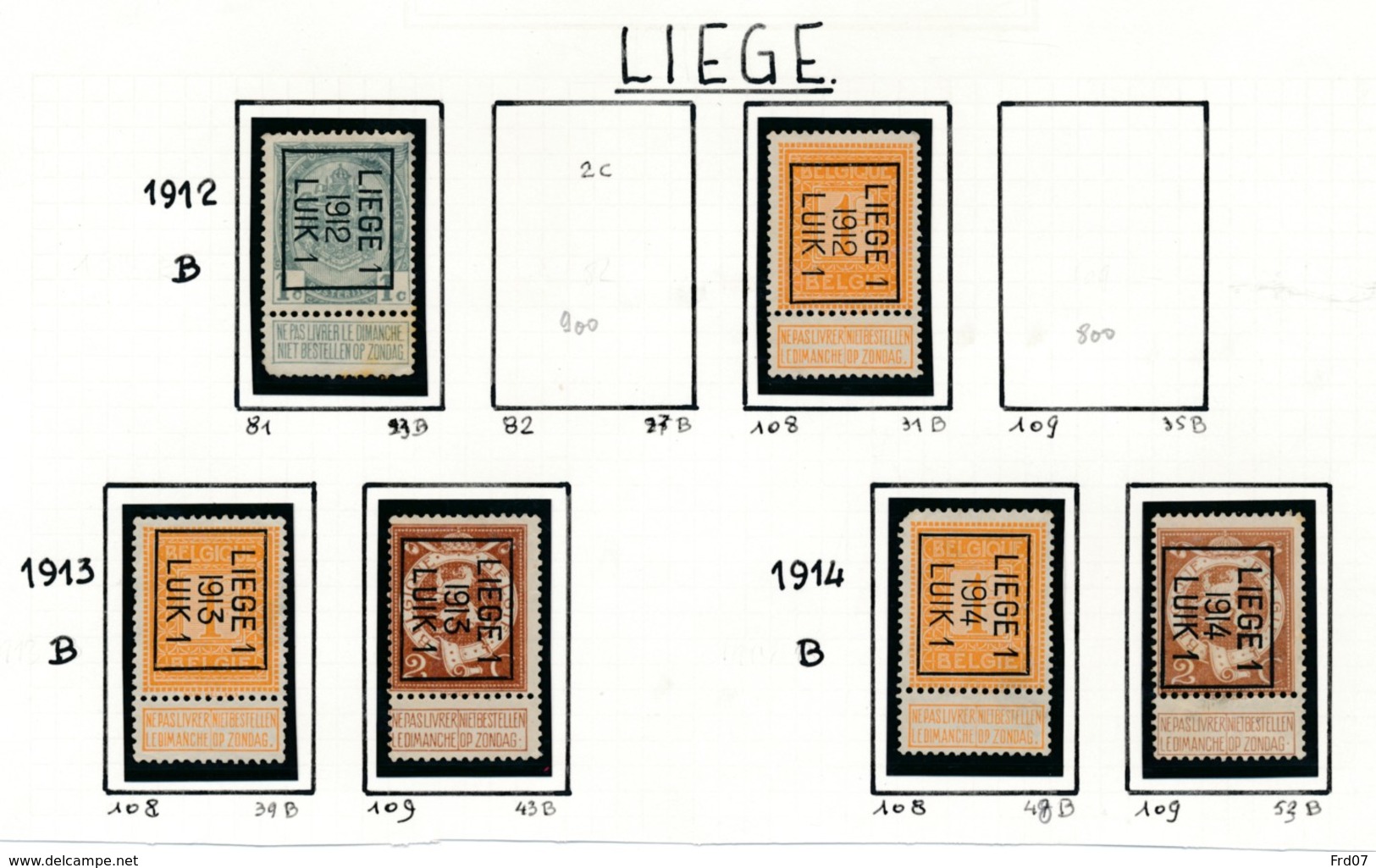 Typo Liège - 1912 Tot 1914 Sans Gomme (*) - Typografisch 1912-14 (Cijfer-leeuw)